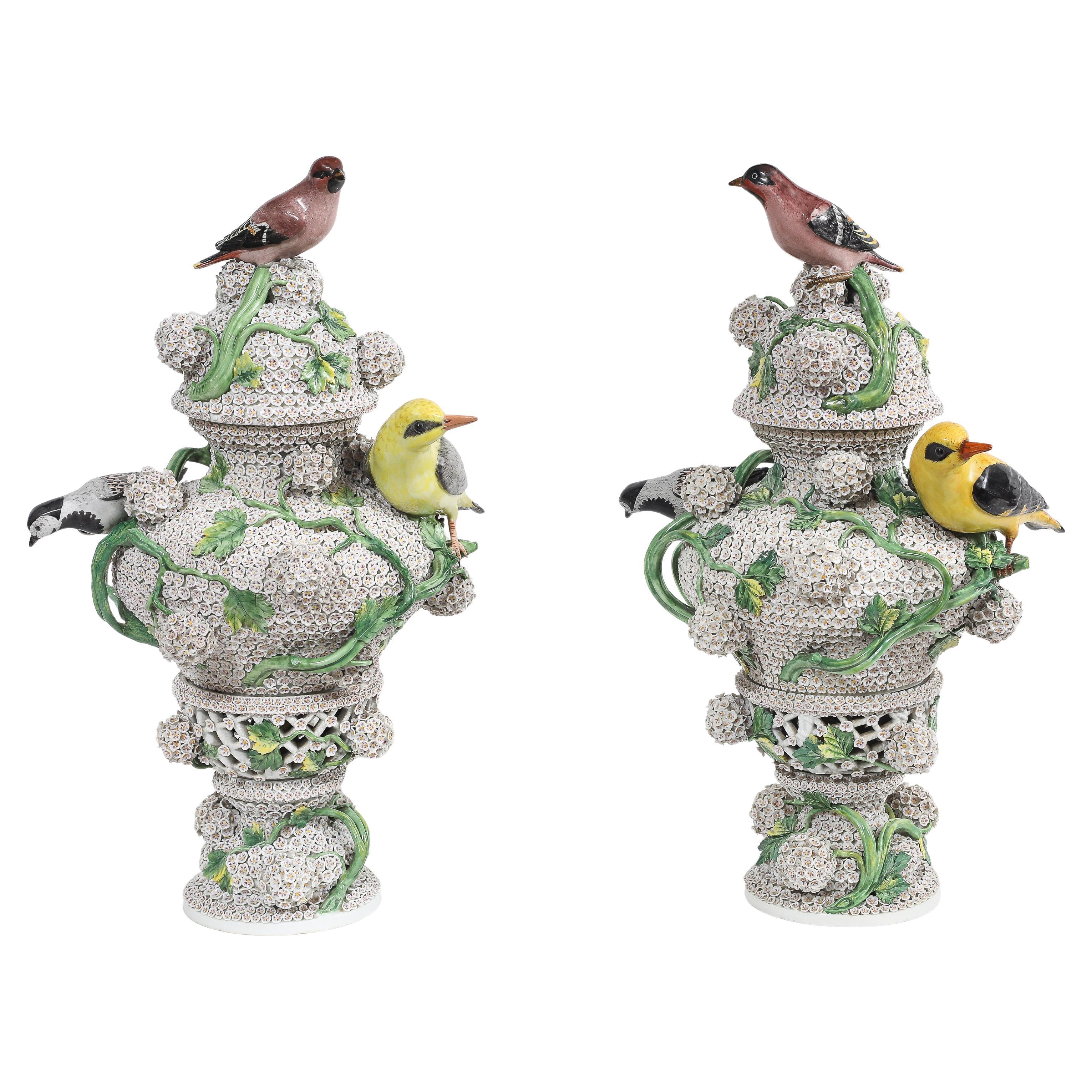 Pr. 19 C. Meissen Porcelain Birdcage Schneeballen Snowball Vase w/ Meissen Birds