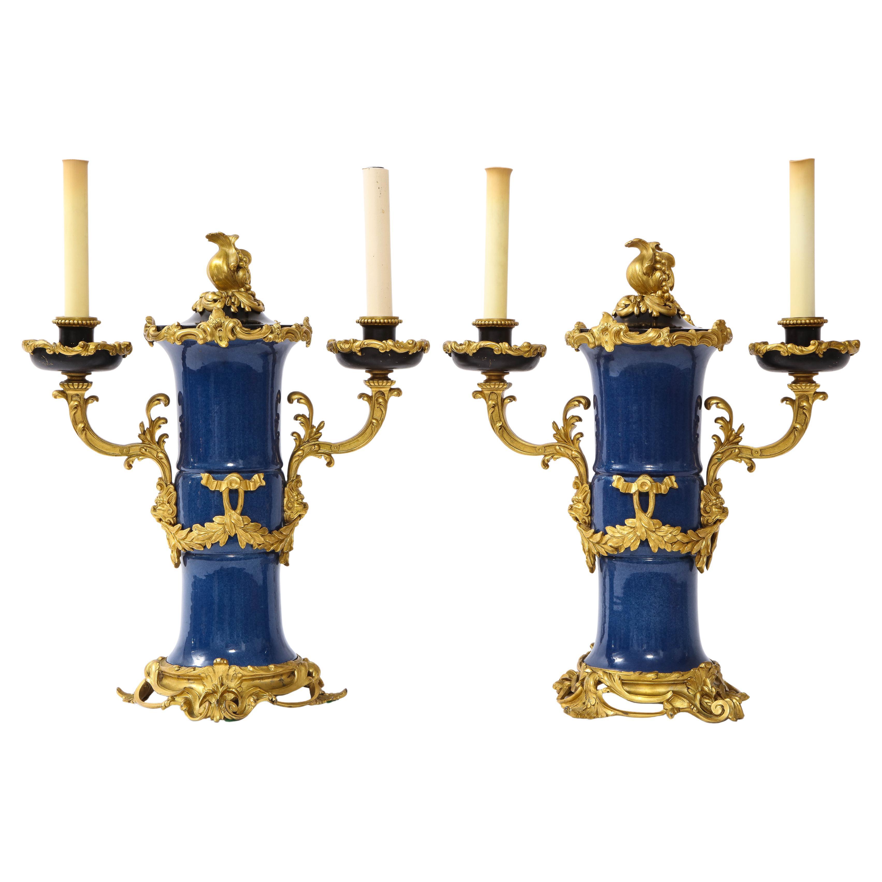 Pr. 19 C Ormolu & Chinese Blue Poudré Porcelain Candelabra lamps, Att. Caldwell