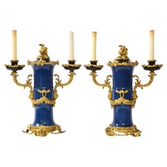 Pr. 19 C Ormolu & Chinese Blue Poudré Porcelain Candelabra lamps, Att. Caldwell