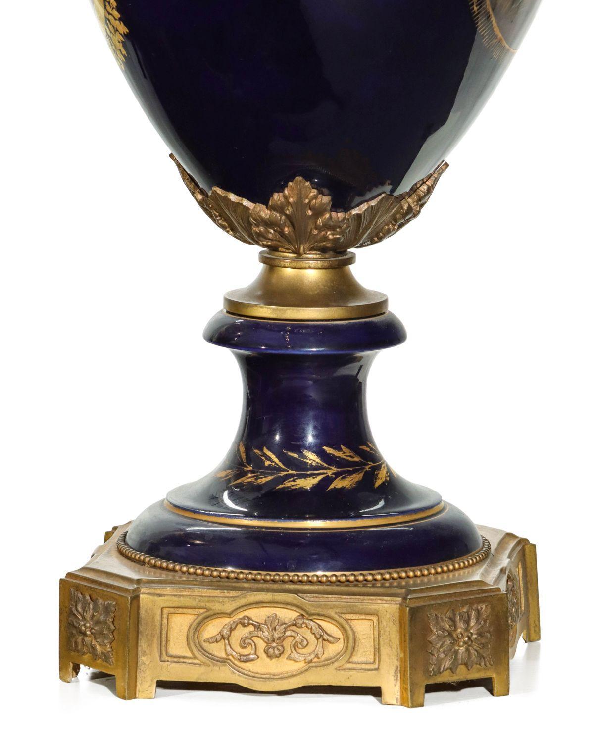 Pr 19 centur french Large Sevres Style  Gilt Bronze Mounted Cobalt Blue Vases In Good Condition In New York, NY