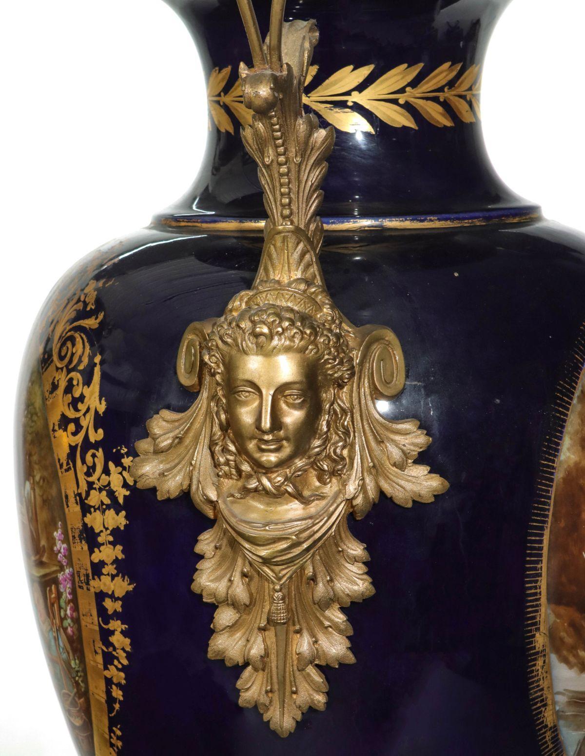19th Century Pr 19 centur french Large Sevres Style  Gilt Bronze Mounted Cobalt Blue Vases For Sale