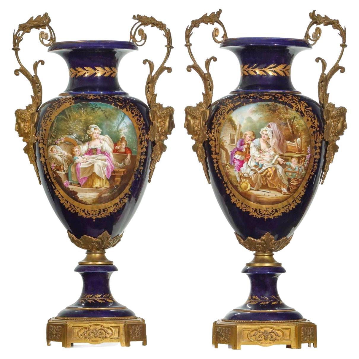 Pr 19 centur french Large Sevres Style  Gilt Bronze Mounted Cobalt Blue Vases