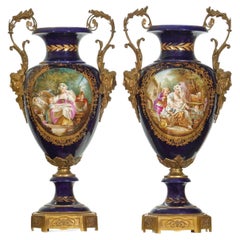 Pr 19 centur french Large Sevres Style  Gilt Bronze Mounted Cobalt Blue Vases