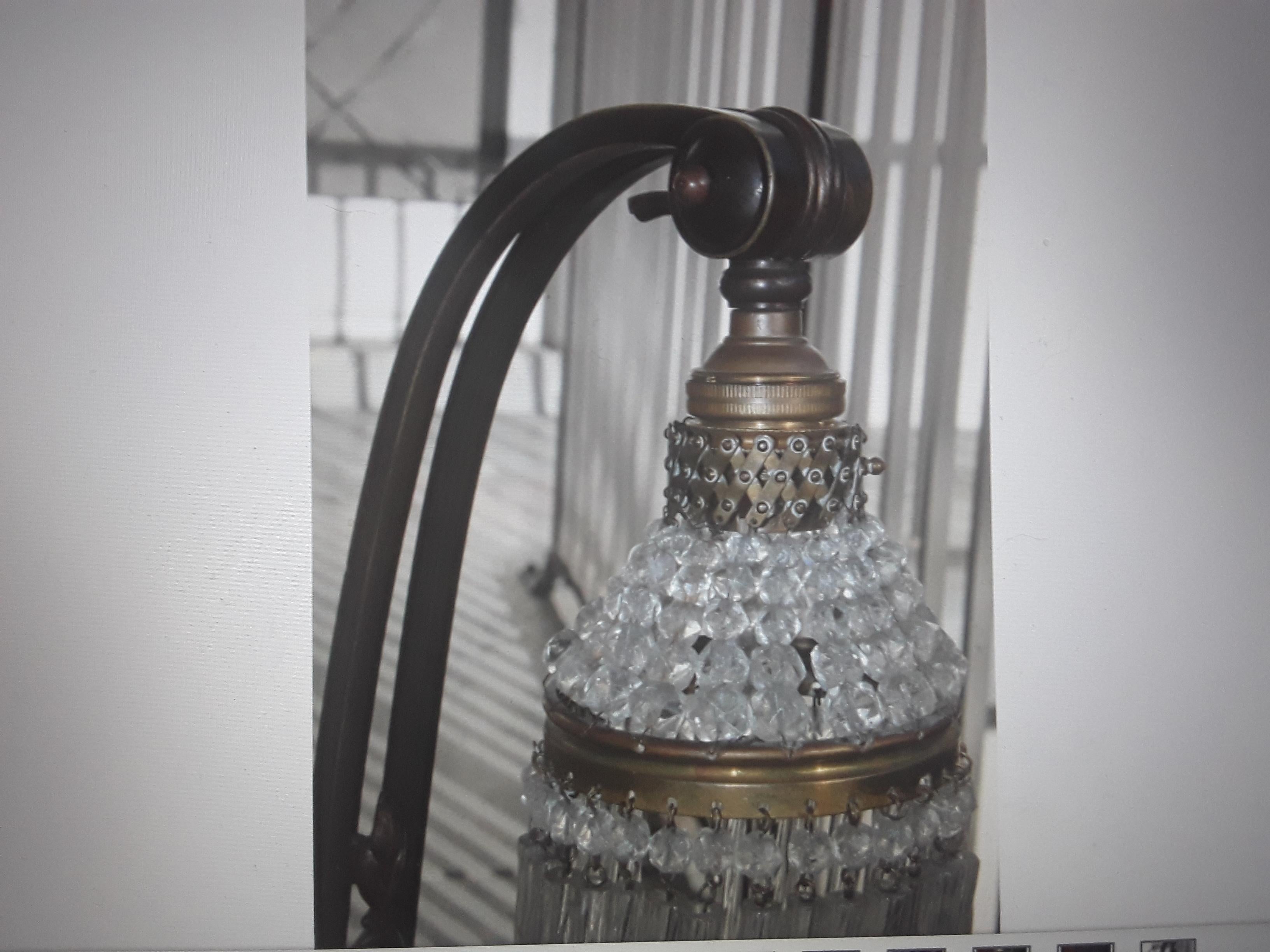 Pr 1920 French Art Deco Bronze Based Desk Lamp w/ Cut Crystal Adjustable Shade. For Sale 6