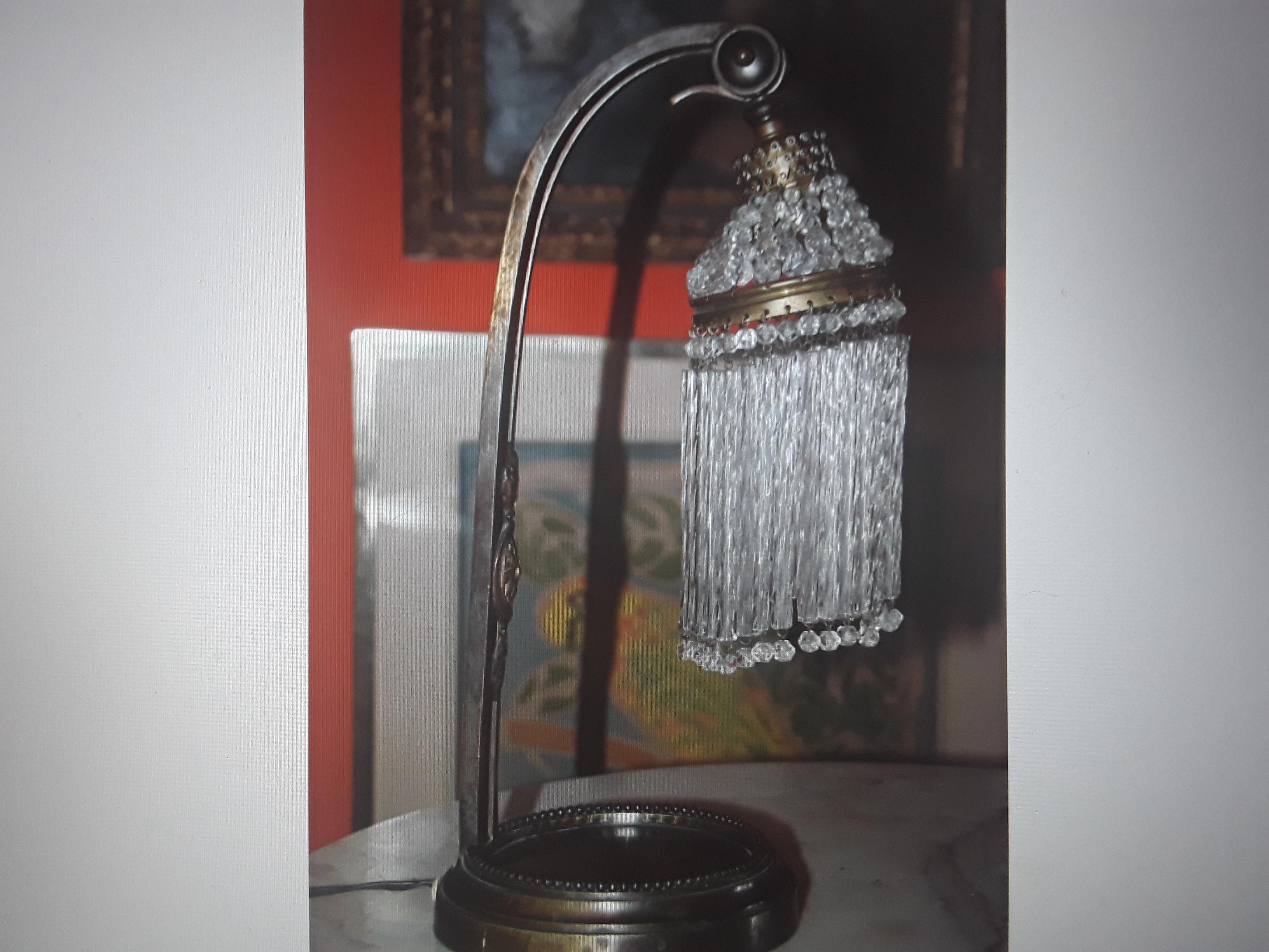 Pr 1920 French Art Deco Bronze Based Desk Lamp w/ Cut Crystal Adjustable Shade. For Sale 7