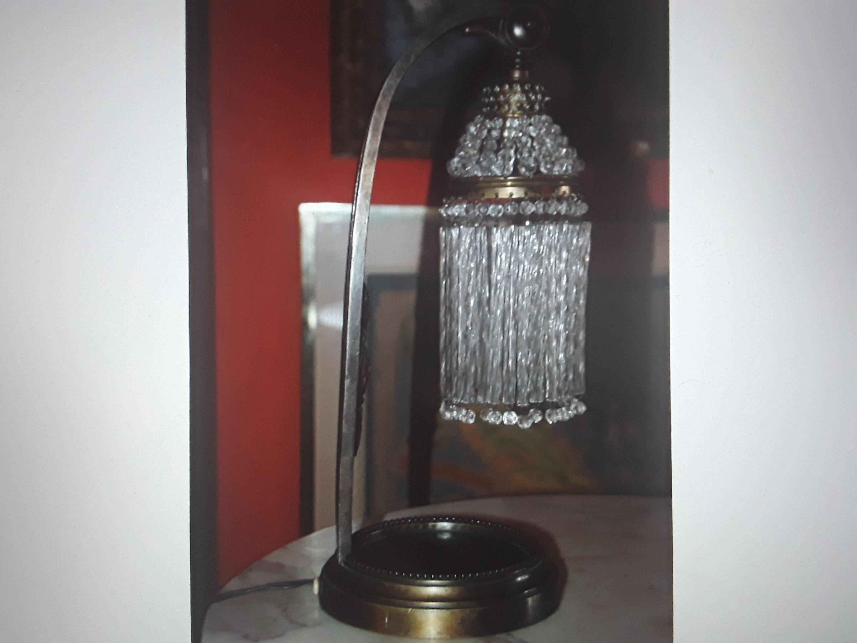 Pr 1920 French Art Deco Bronze Based Desk Lamp w/ Cut Crystal Adjustable Shade. For Sale 9