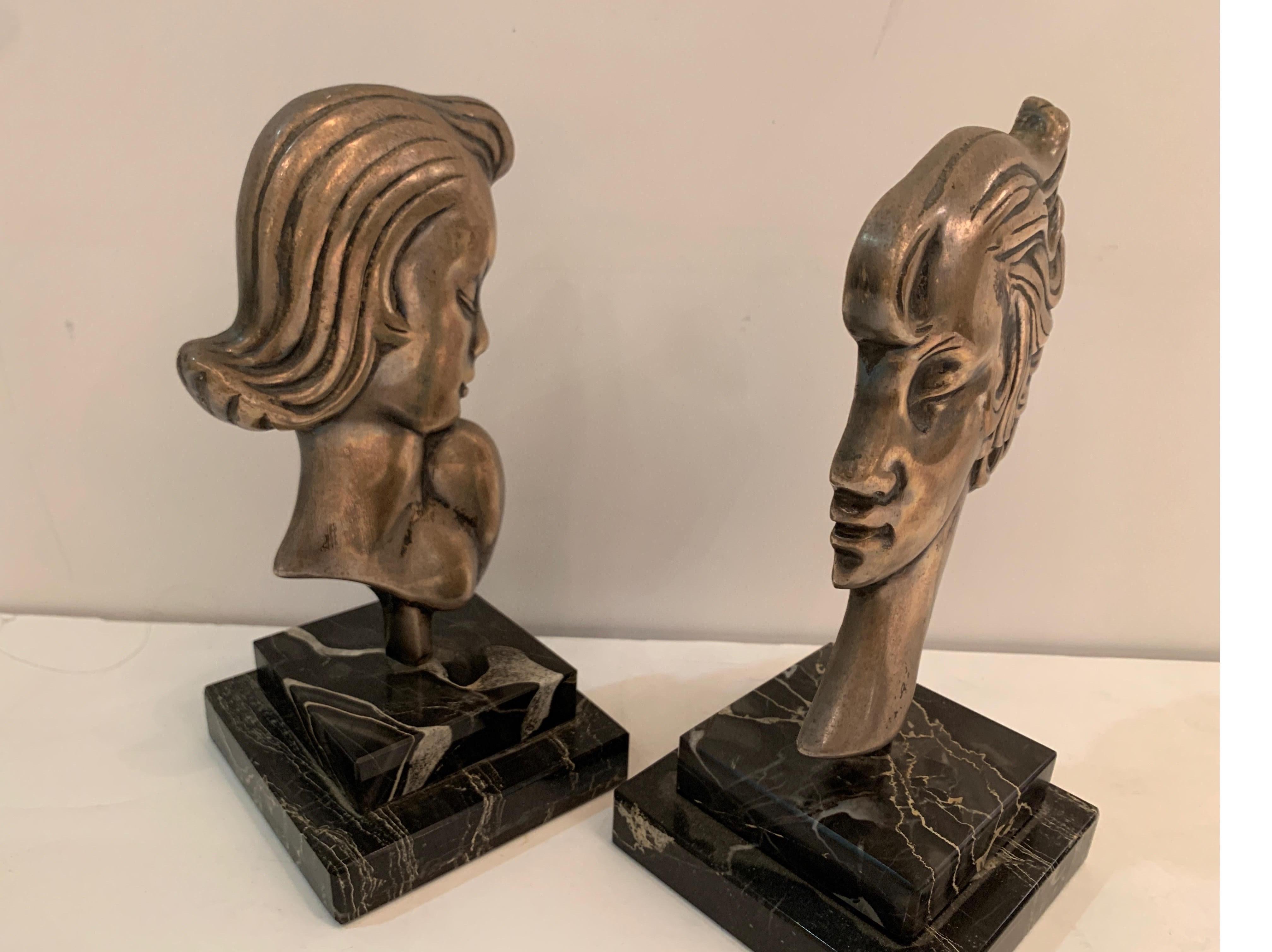 Pair of Midcentury Silvered Bronze French Deco Head Statuettes on Marble Bases 6