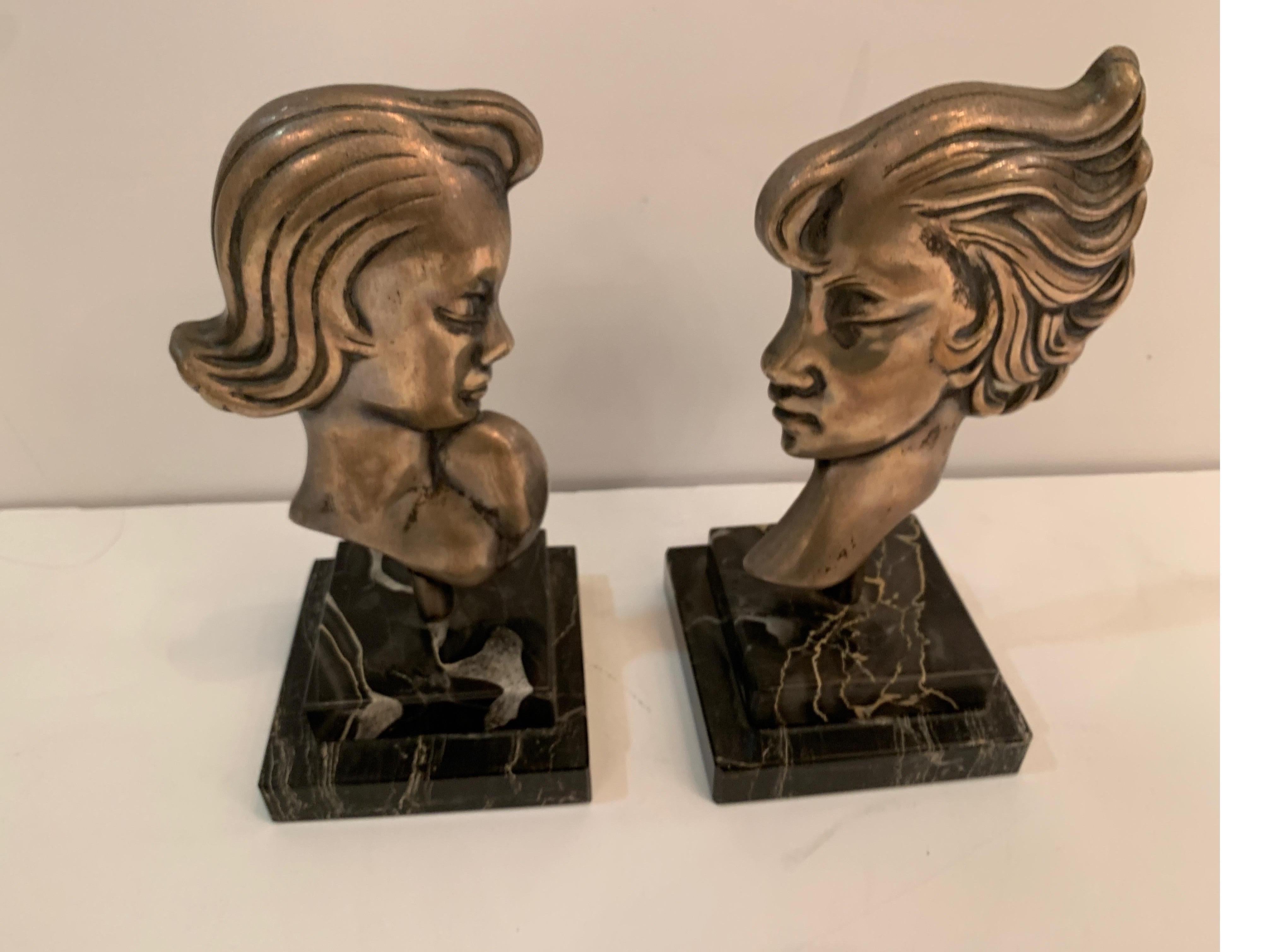 Pair of Midcentury Silvered Bronze French Deco Head Statuettes on Marble Bases 7