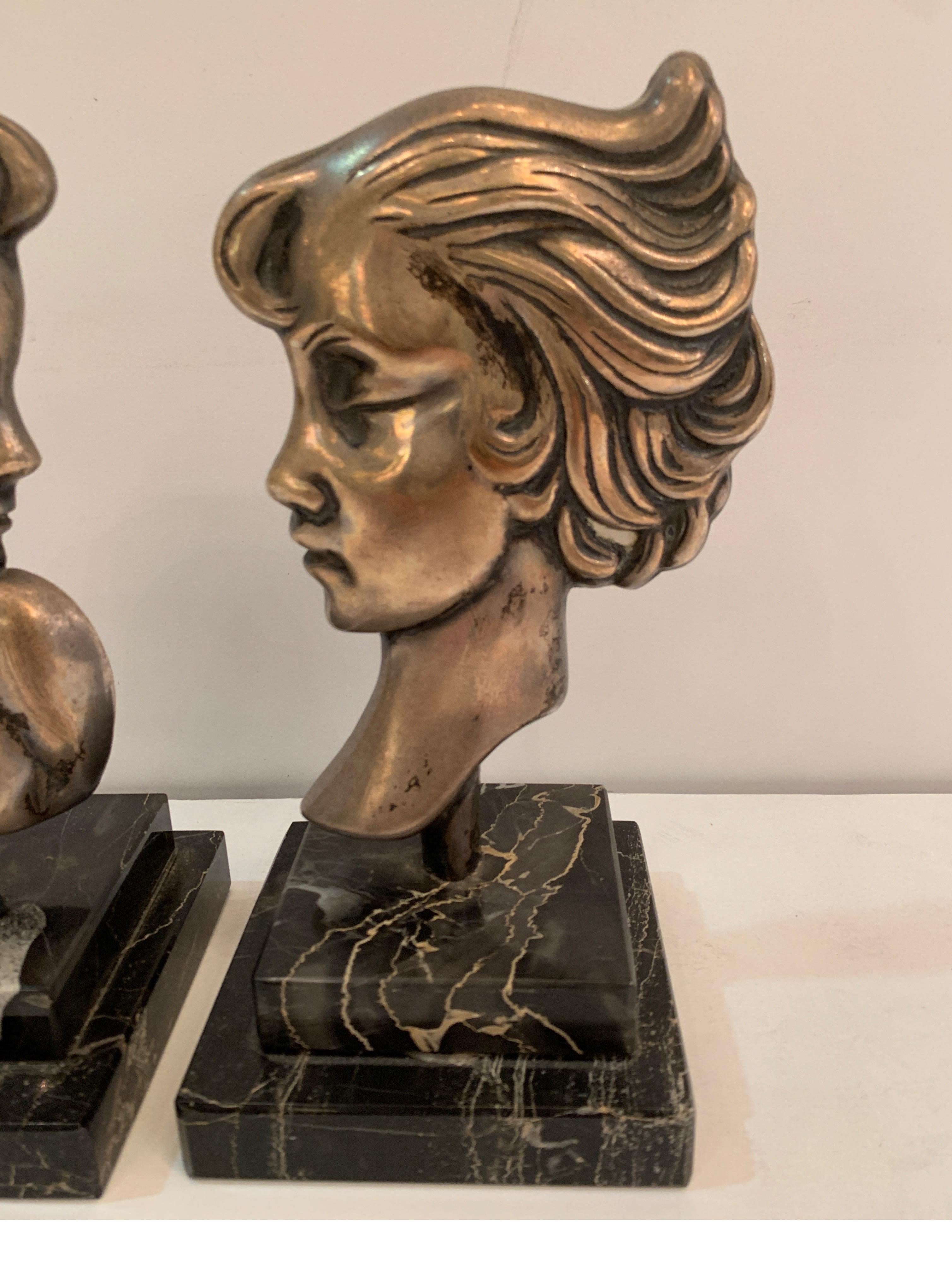 Pair of Midcentury Silvered Bronze French Deco Head Statuettes on Marble Bases In Good Condition In Lambertville, NJ