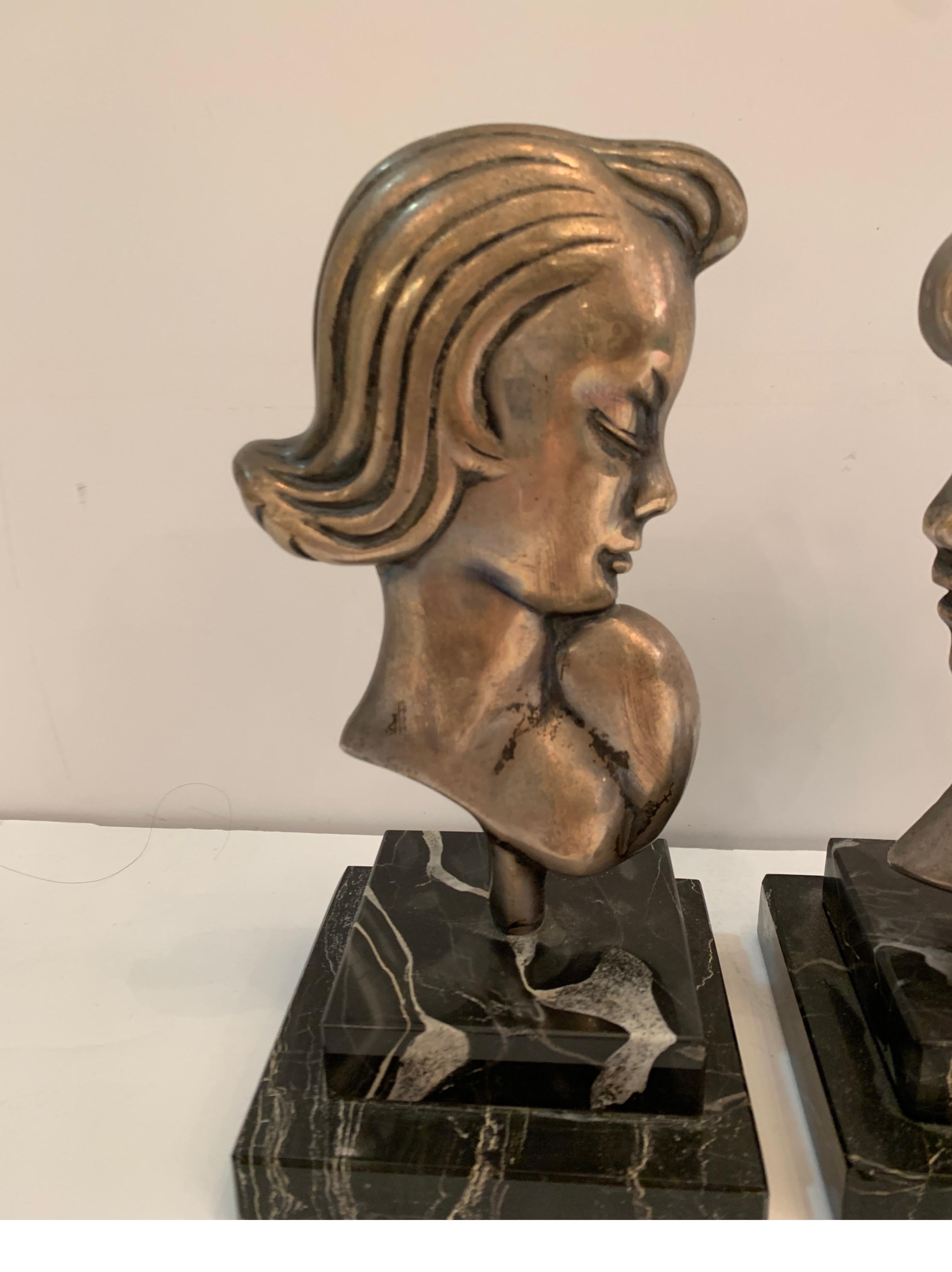 20th Century Pair of Midcentury Silvered Bronze French Deco Head Statuettes on Marble Bases