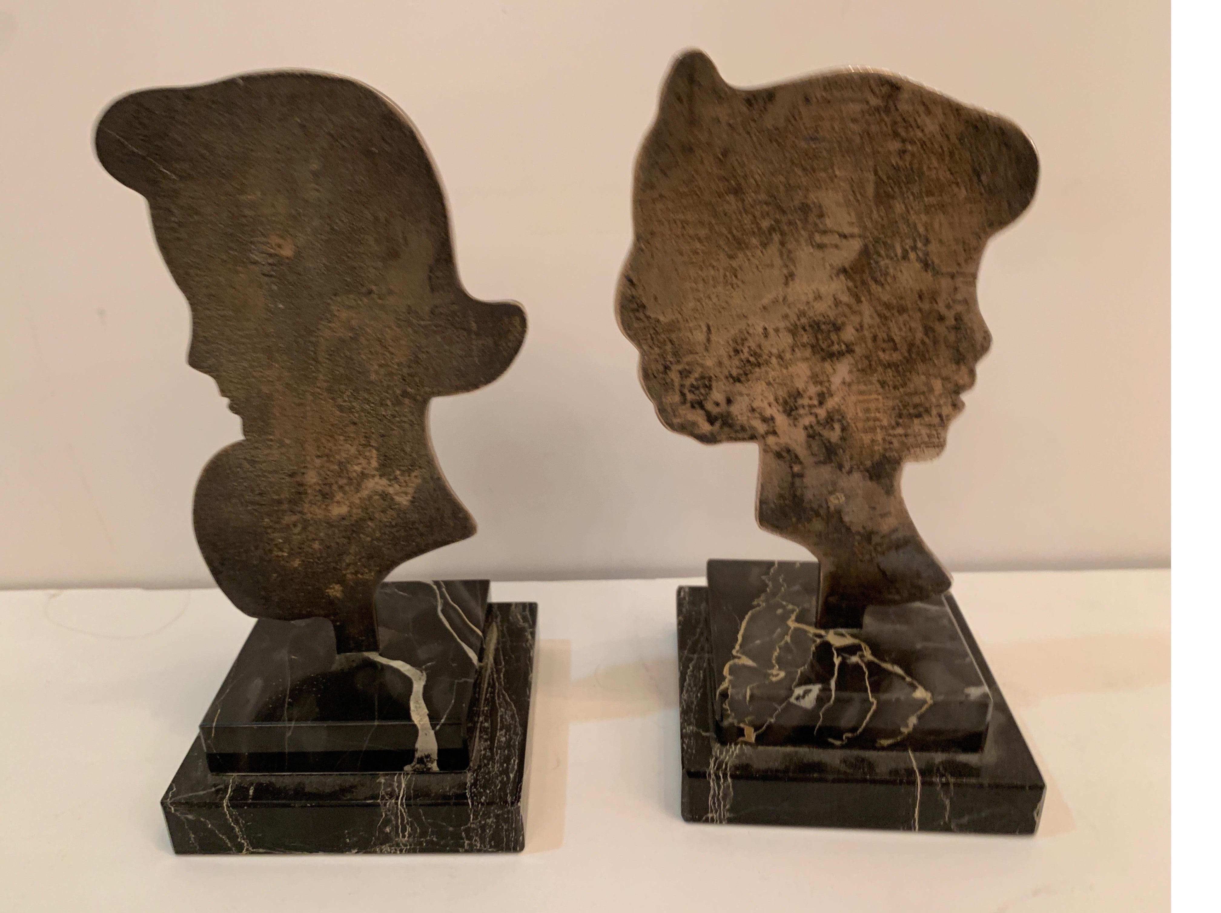 Pair of Midcentury Silvered Bronze French Deco Head Statuettes on Marble Bases 5