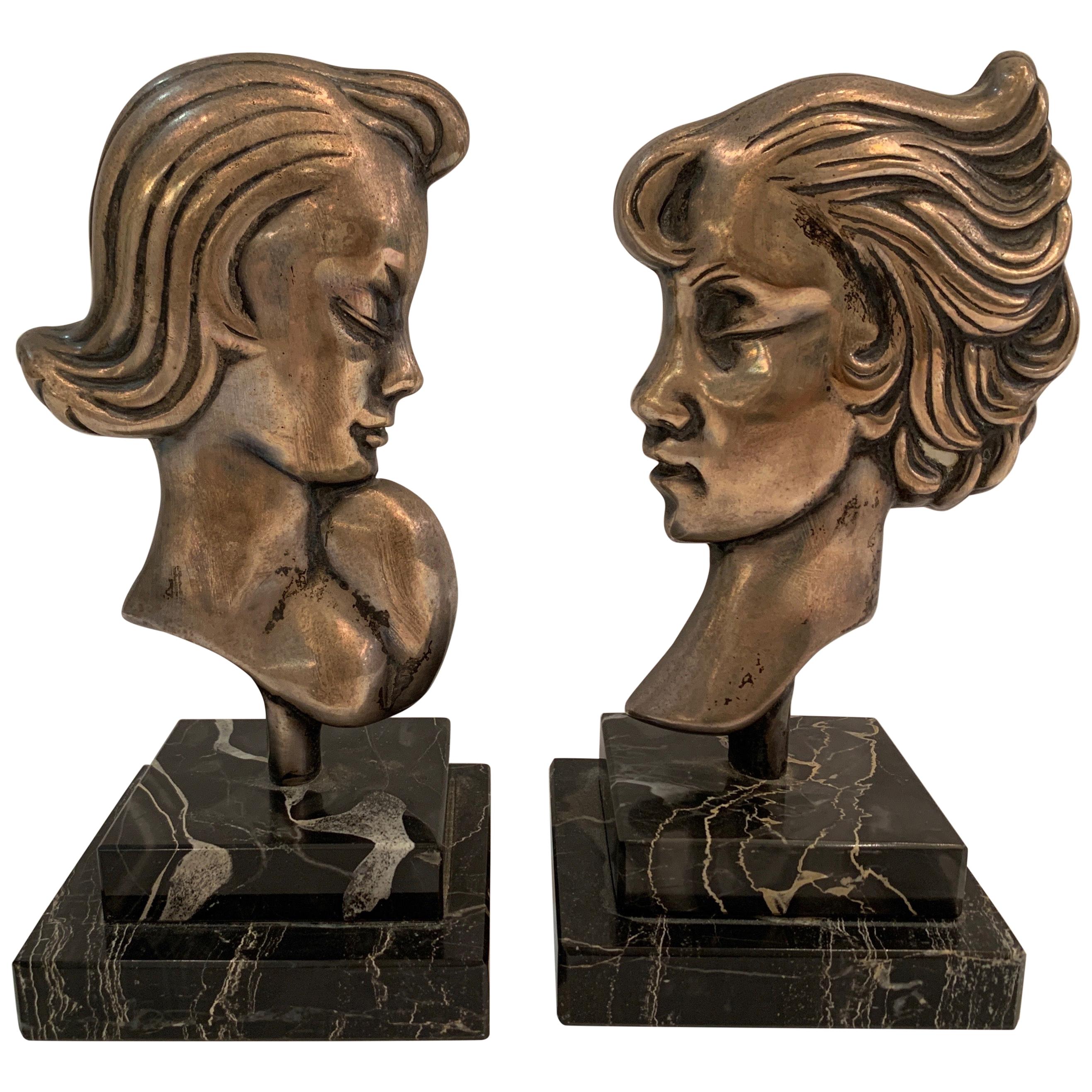 Pair of Midcentury Silvered Bronze French Deco Head Statuettes on Marble Bases