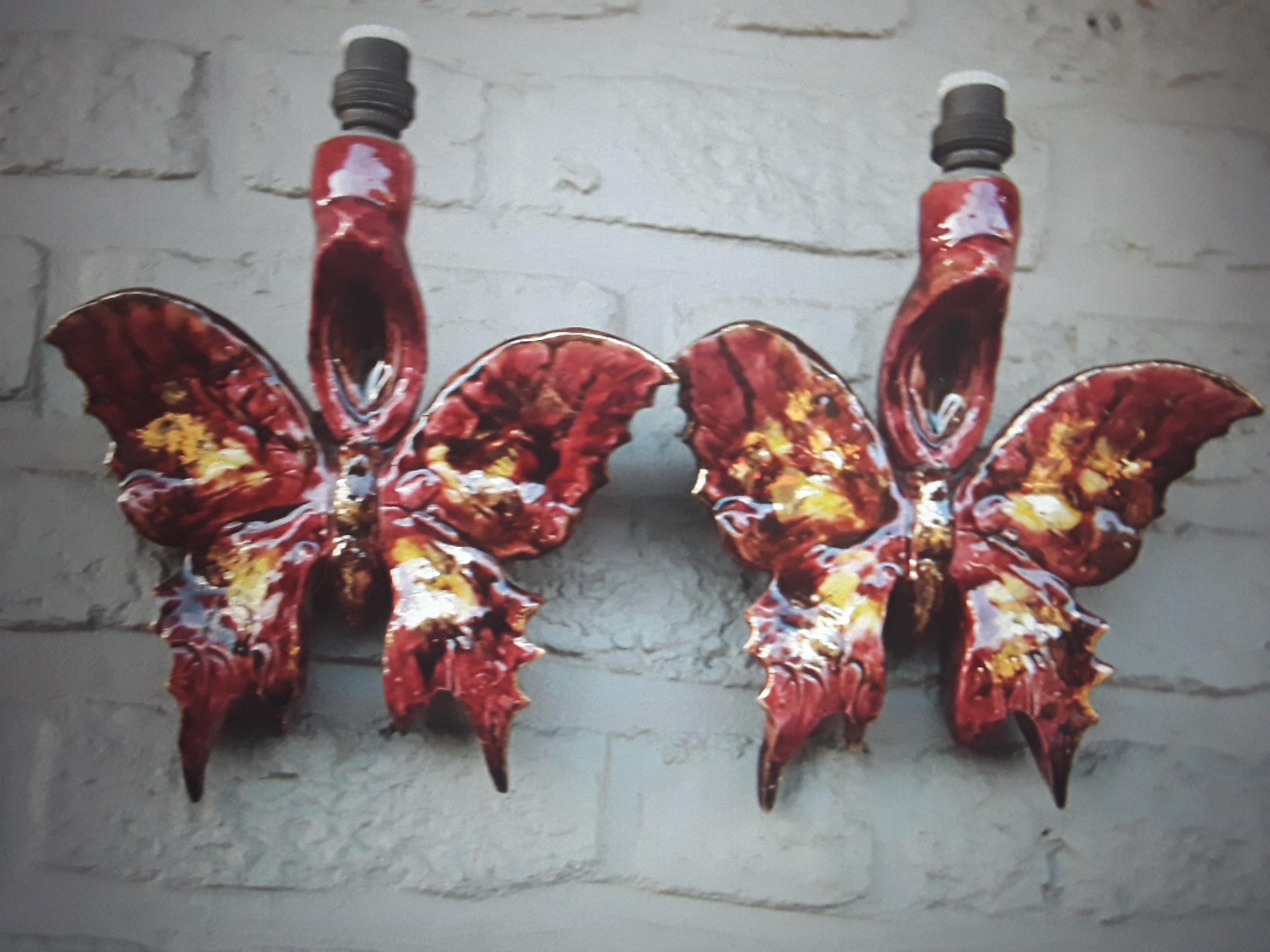 Pr 1930s French Art Deco Painted and Glazed Ceramic Fired Butterfly Wall Sconces In Good Condition For Sale In Opa Locka, FL