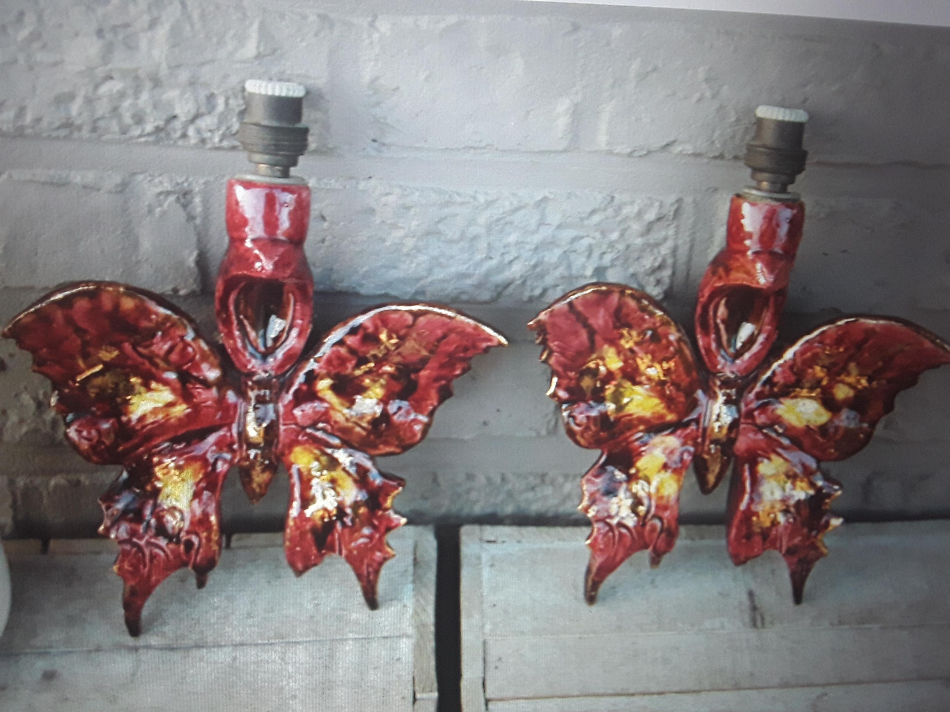 Pr 1930s French Art Deco Painted and Glazed Ceramic Fired Butterfly Wall Sconces For Sale 2