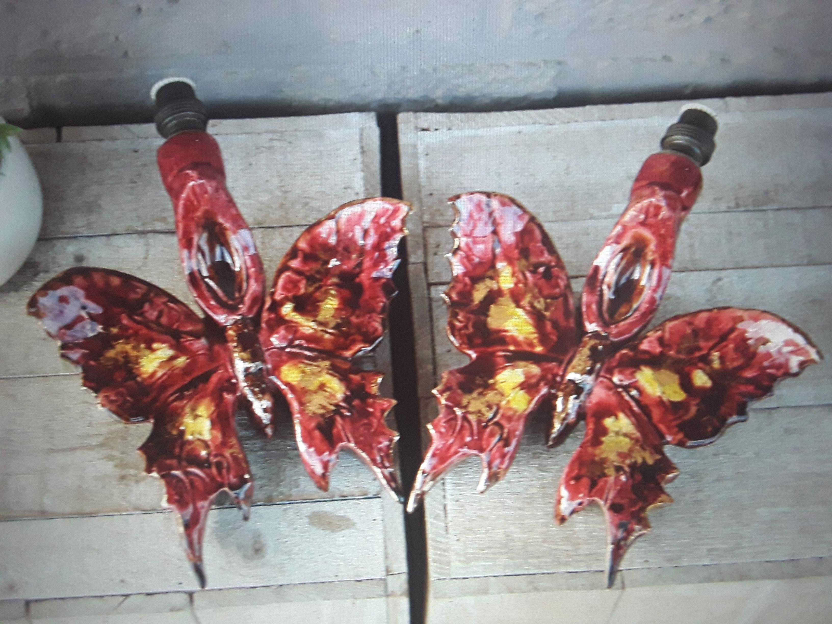 Pr Apliques de Pared Art Decó Franceses de 1930 Pintados y Esmaltados de Cerámica Cocida Mariposa en venta 3