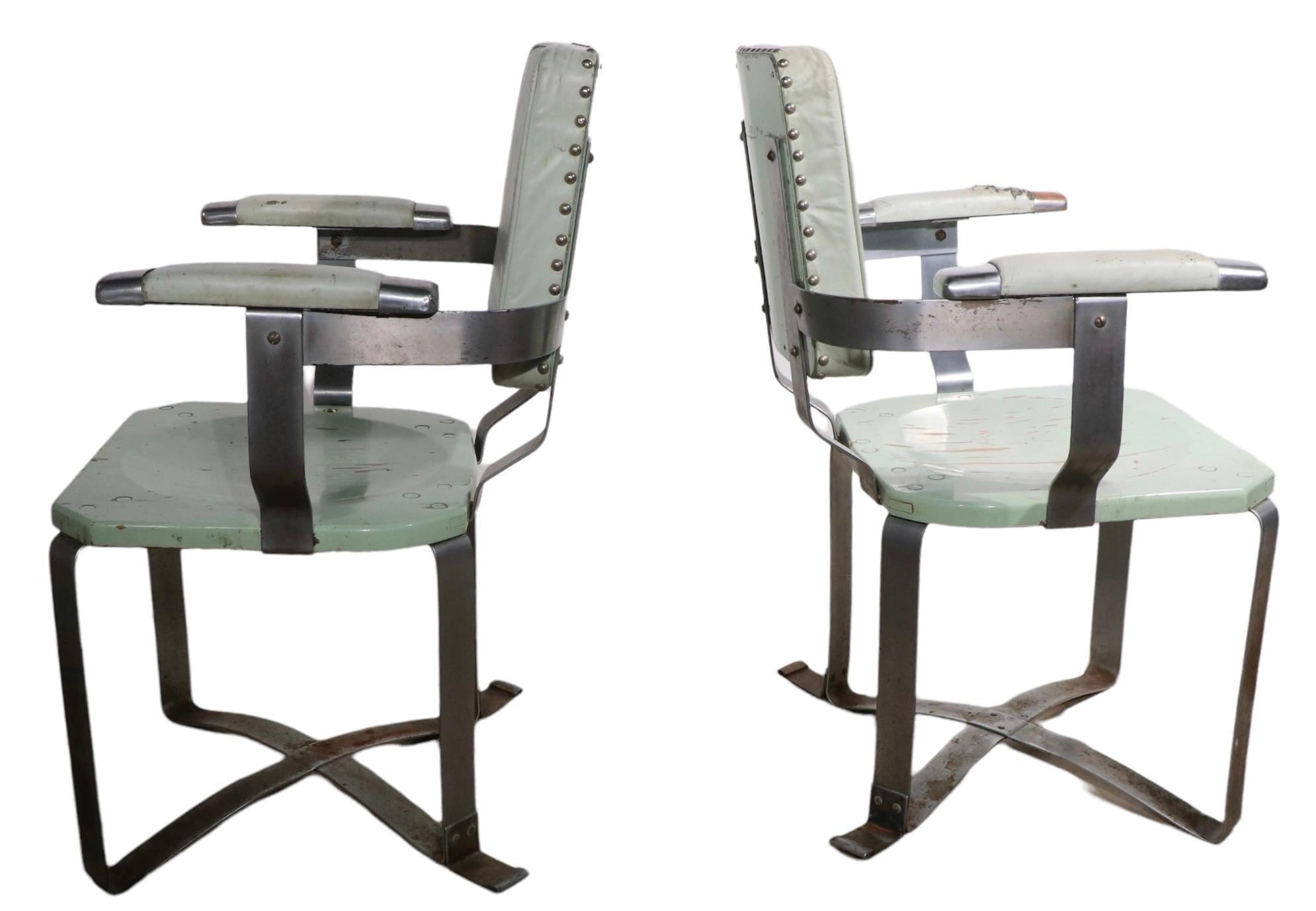 Pr. 1930's Machine Age Art Deco Arm Side Dining Chairs possibly Prototypes In Fair Condition For Sale In New York, NY