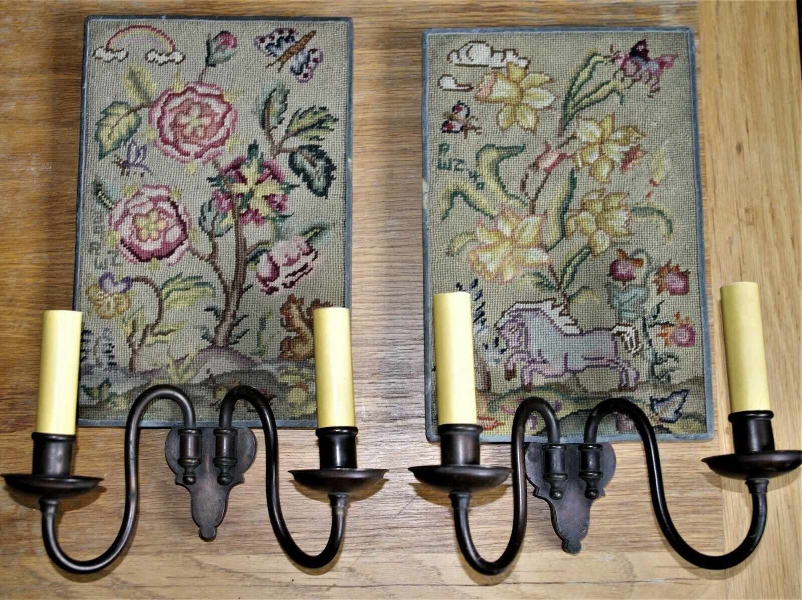 Pair E.F. Caldwell Custom Bronze Framed Hand Needlepoint Floral Wall Sconces. These are amazing. Signed by maker and one is marked 1939 and the other is marked 1940. This was a custom order. These sconces are very high quality. I purchased this pair