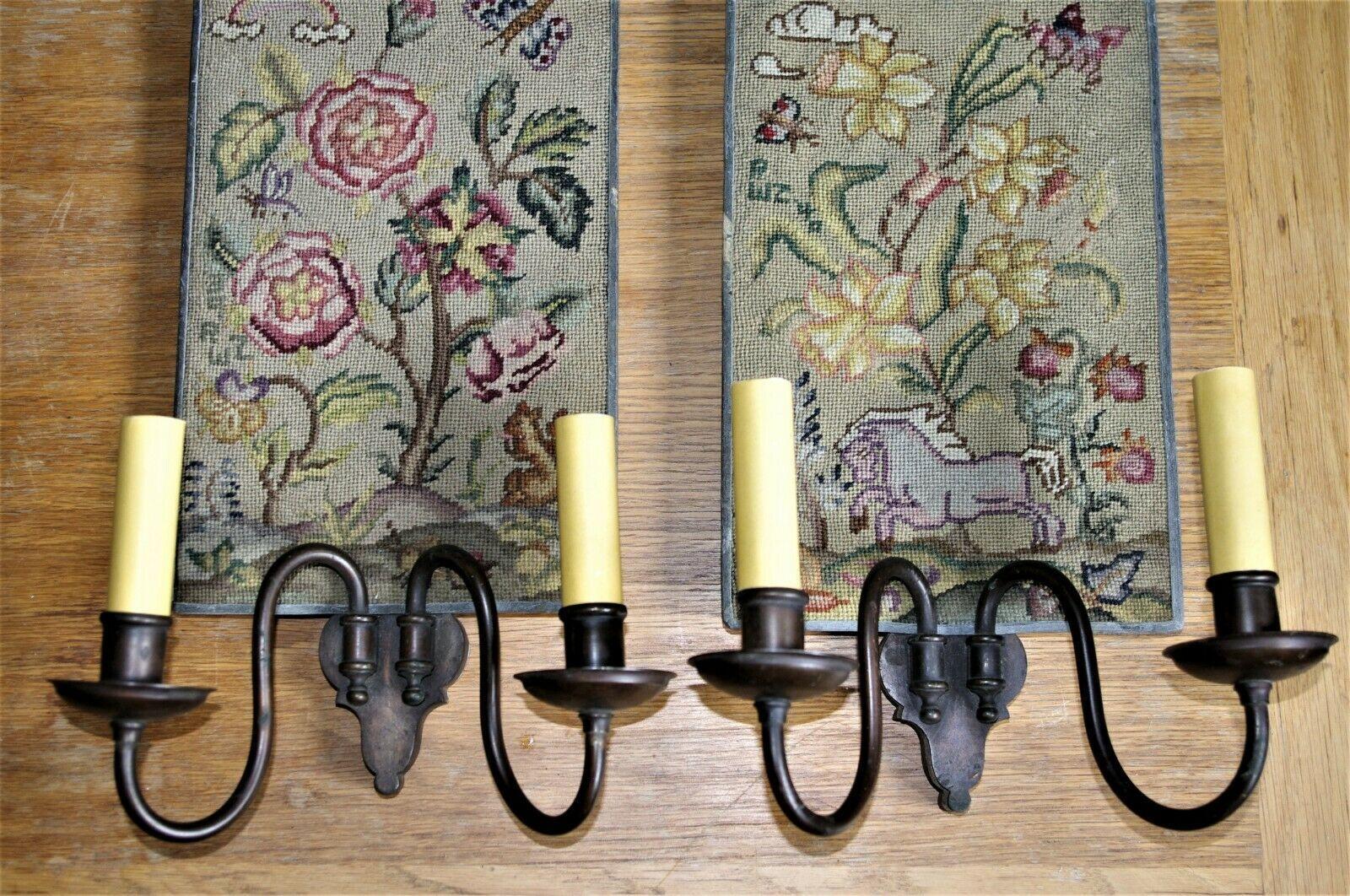 Pr 1939&40 Hollywood Regency Custom EF. Caldwell Needlepoint Signed Wall Sconces In Good Condition For Sale In Opa Locka, FL