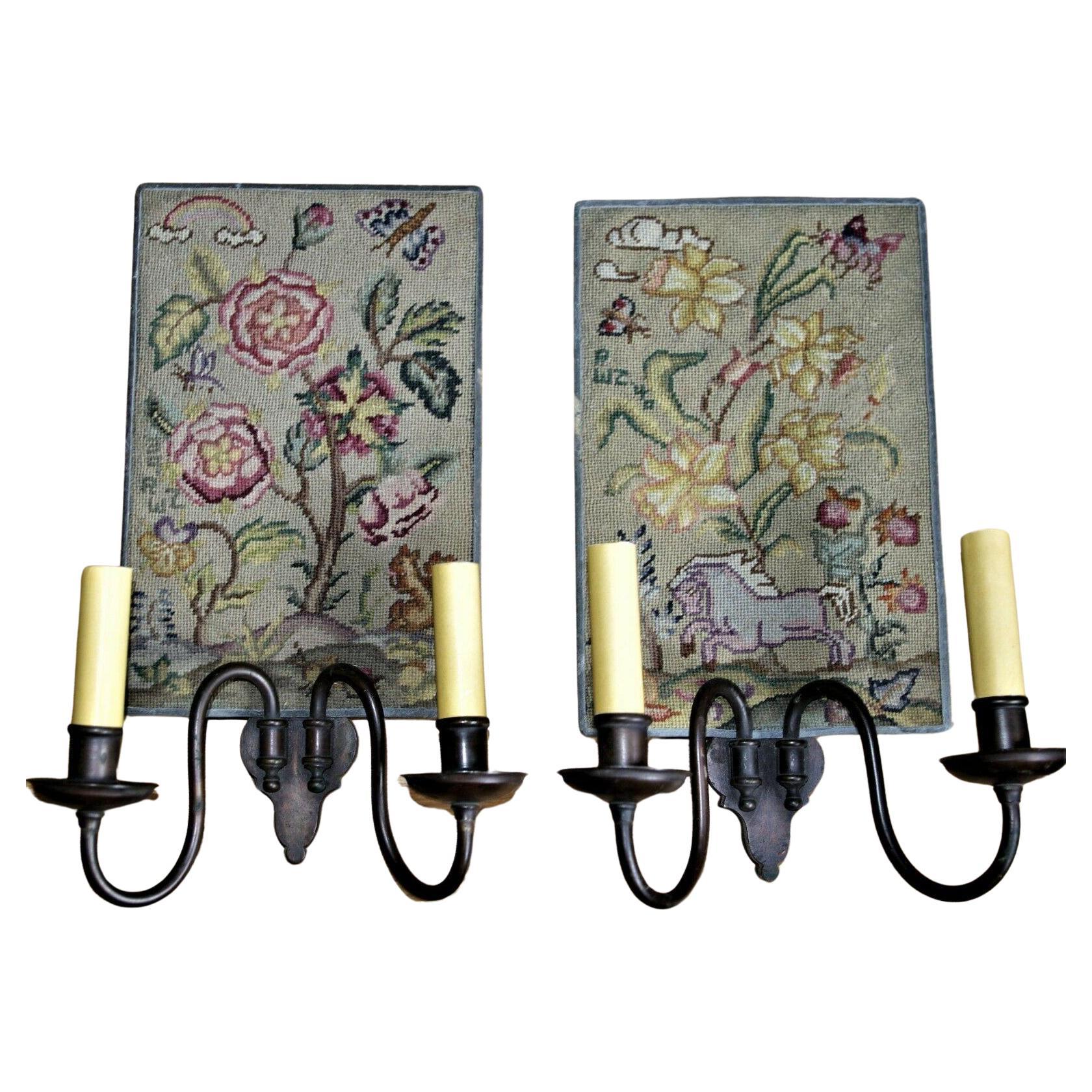 Pr 1939&40 Hollywood Regency Custom EF. Caldwell Needlepoint Signed Wall Sconces