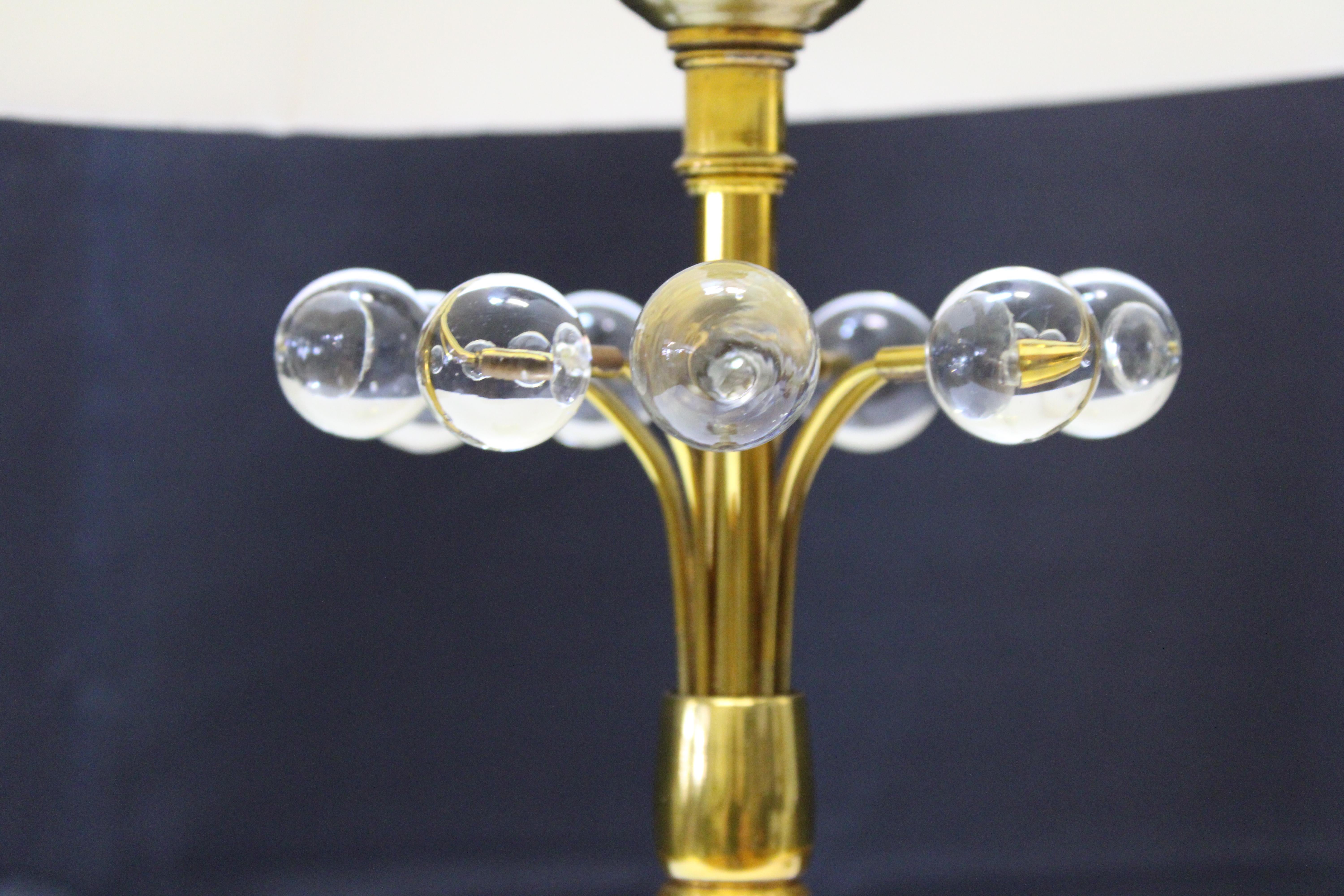 Pr 1950s decorative brass and glass ball table lamps with shades.