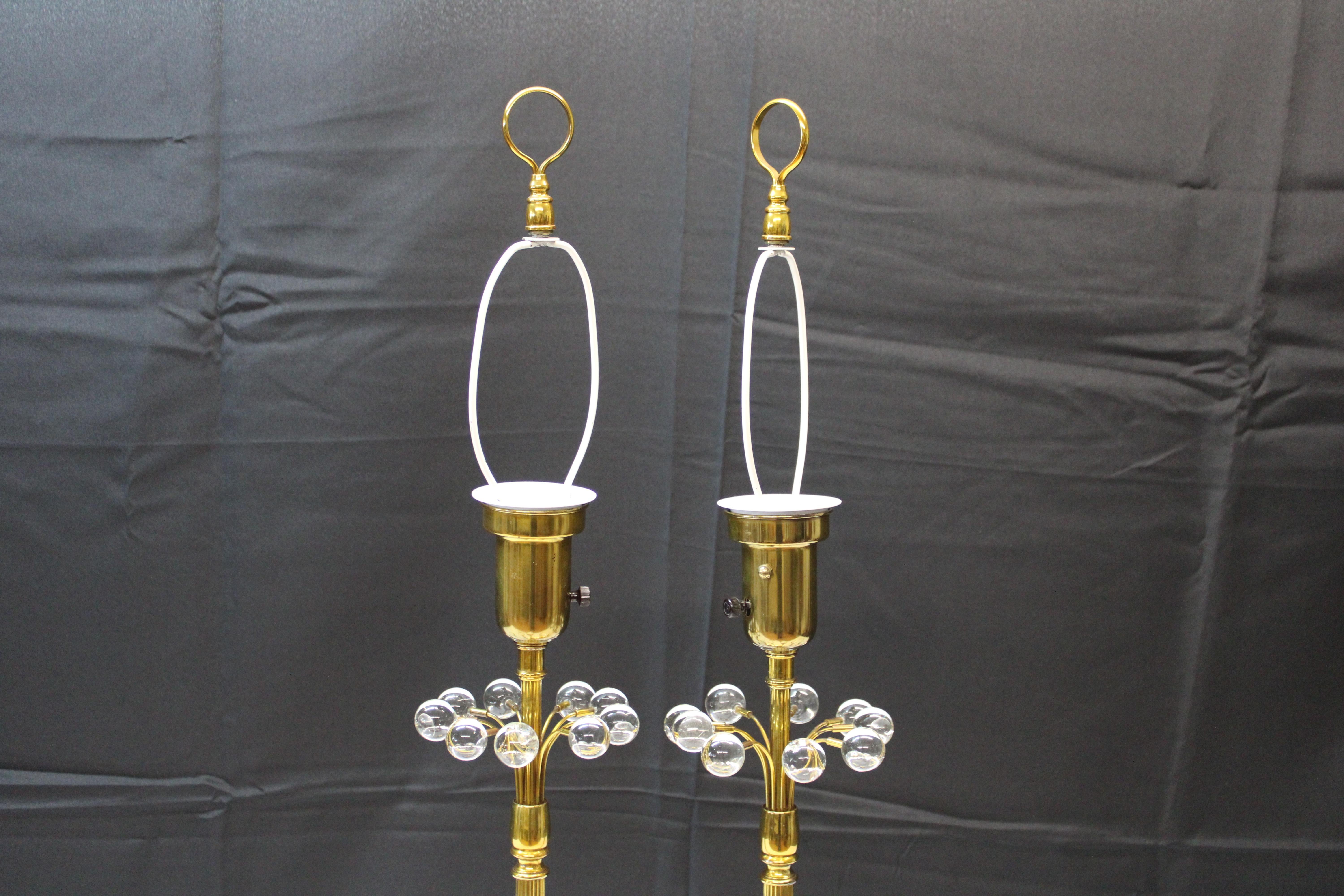 Pr 1950s Decorative Brass and Glass Ball Table Lamps with Shades In Good Condition For Sale In San Francisco, CA