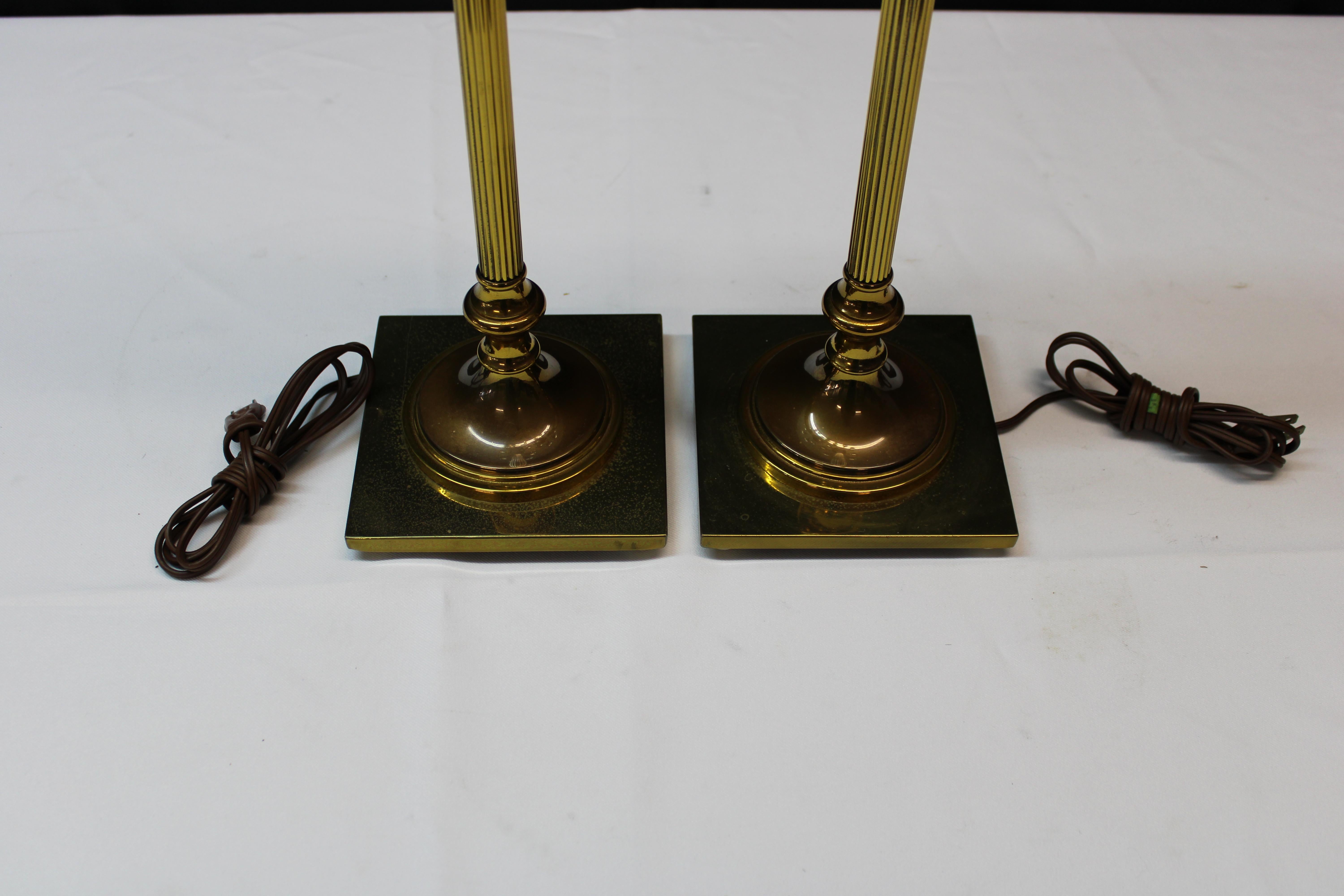 Pr 1950s Decorative Brass and Glass Ball Table Lamps with Shades For Sale 1