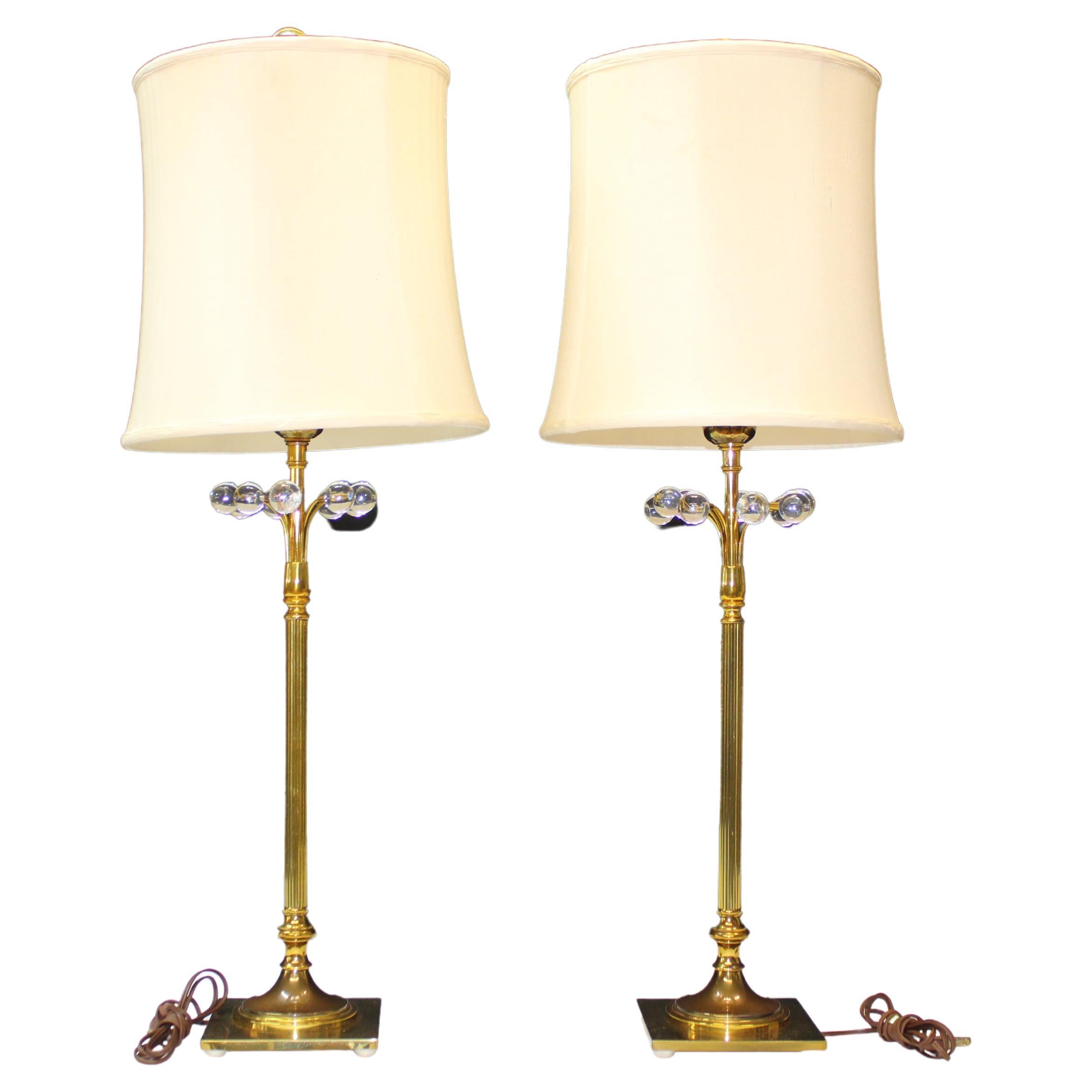 Pr 1950s Decorative Brass and Glass Ball Table Lamps with Shades