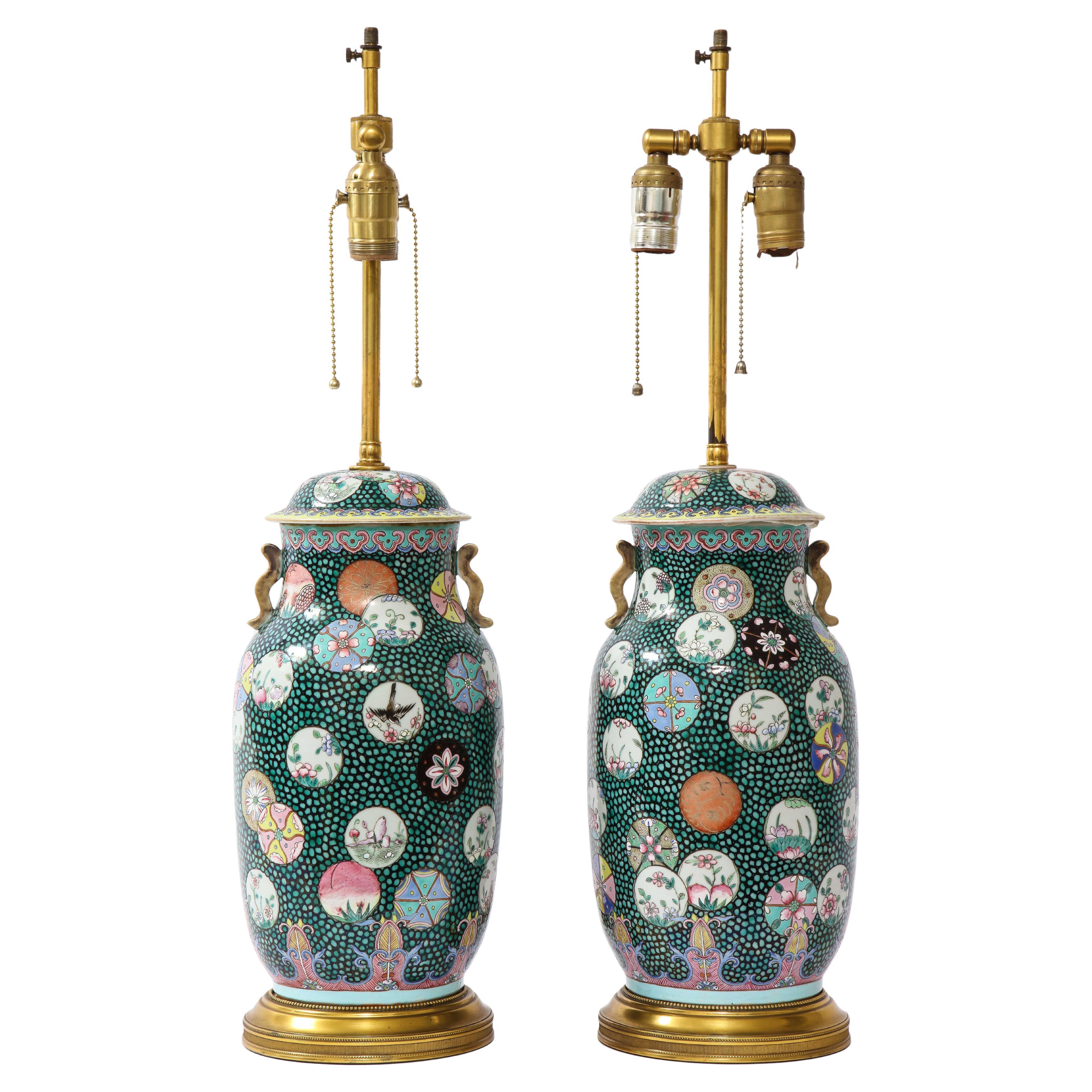 circa 20th C. Chinese Porcelain Vases Turned-to-Lamps with French Ormolu Mounts