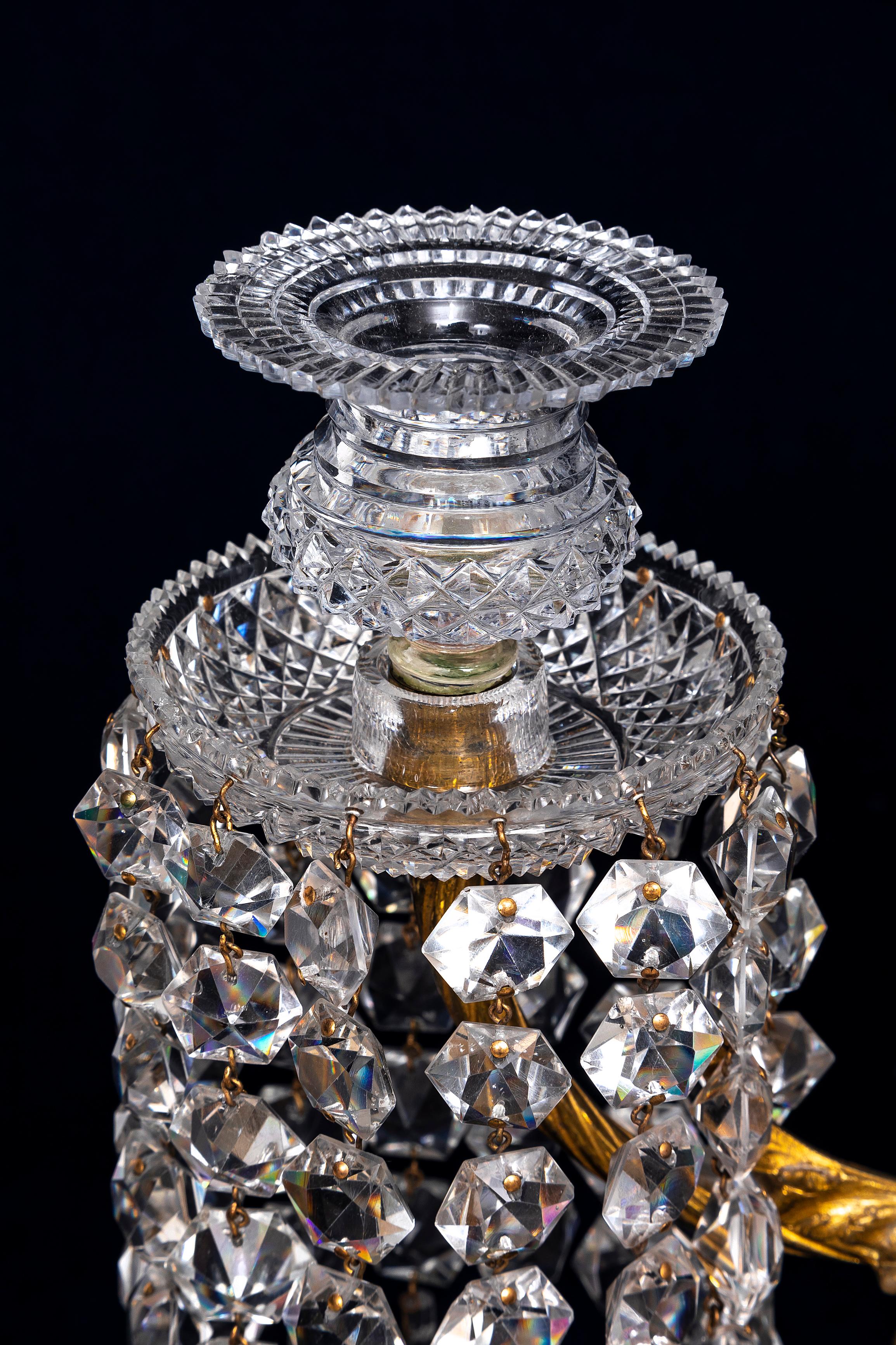 Pr. 19th C. English Ormolu Mounted Hand-Diamond Cut Crystal Two-Arm Candelabra For Sale 3