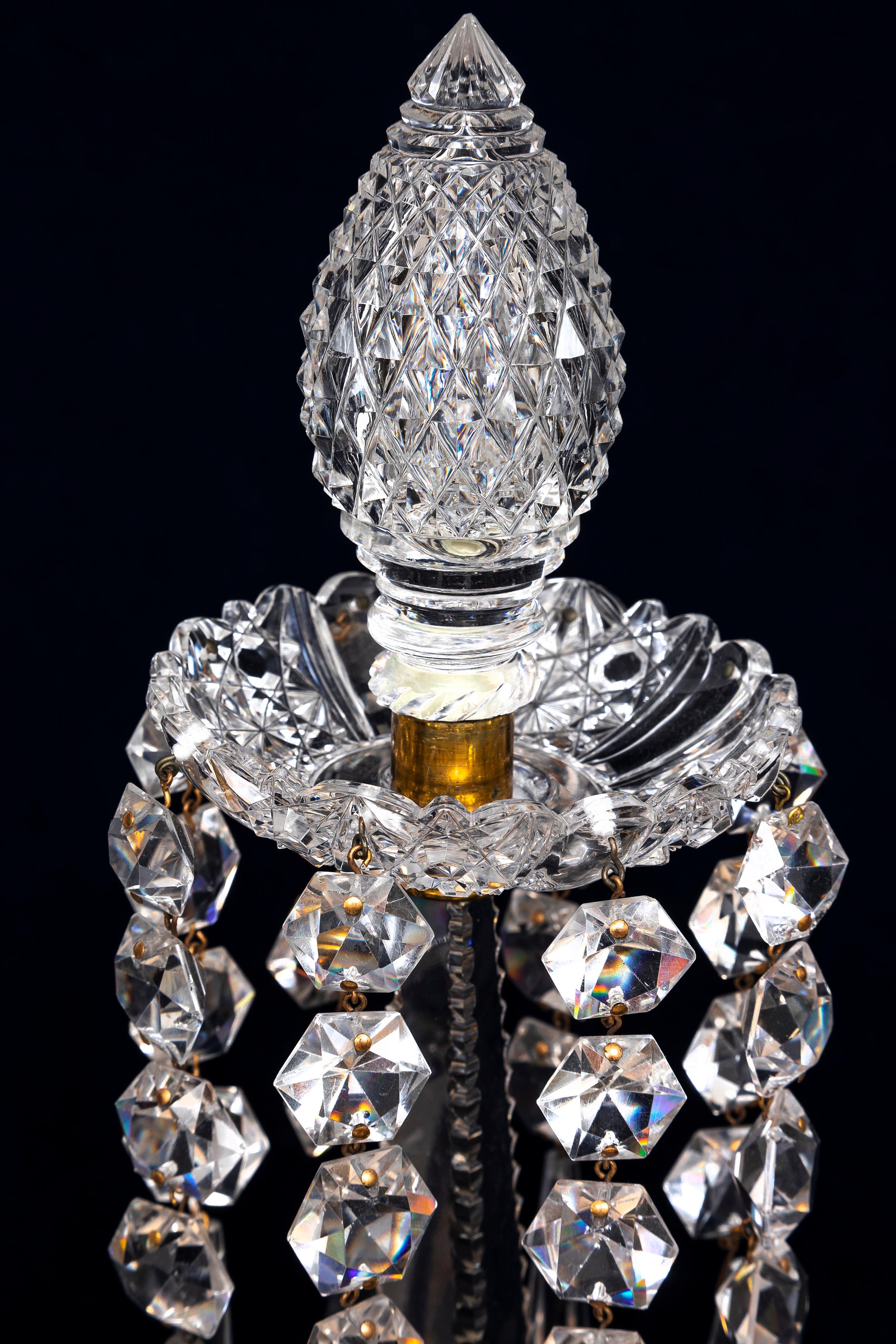 Pr. 19th C. English Ormolu Mounted Hand-Diamond Cut Crystal Two-Arm Candelabra For Sale 4