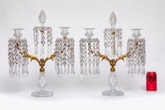 Pr. 19th C. English Ormolu Mounted Hand-Diamond Cut Crystal Two-Arm Candelabra