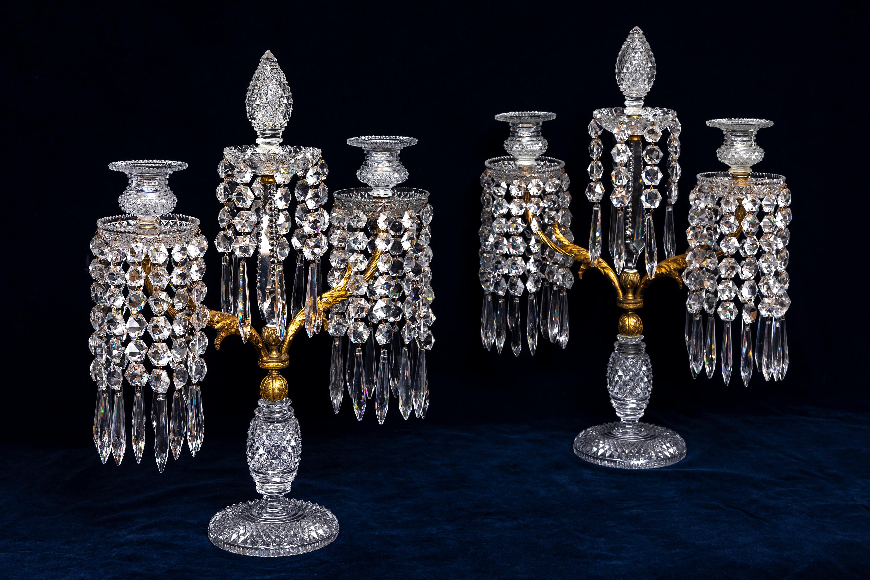 Louis XVI Pr. 19th C. English Ormolu Mounted Hand-Diamond Cut Crystal Two-Arm Candelabra For Sale