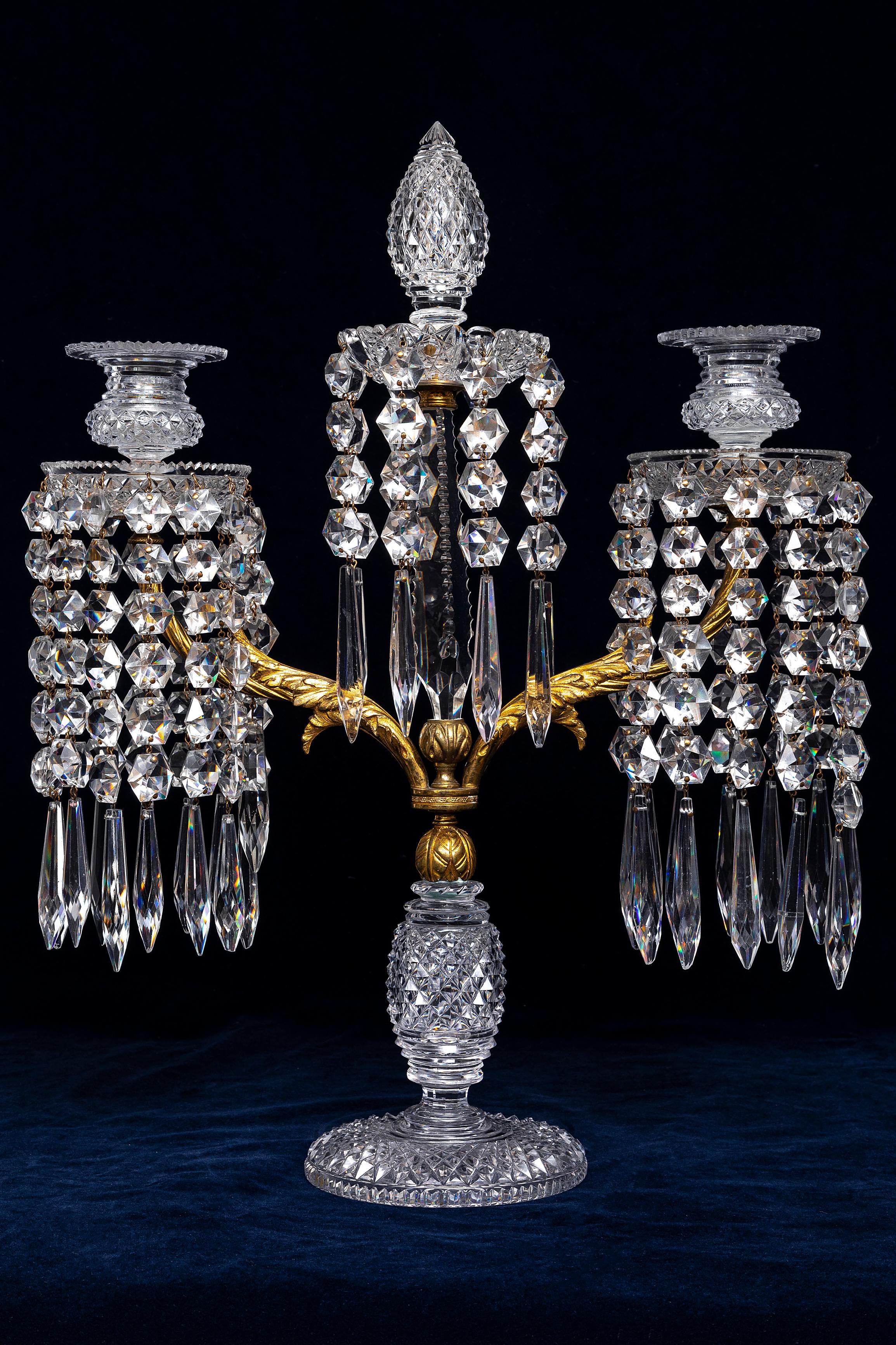 British Pr. 19th C. English Ormolu Mounted Hand-Diamond Cut Crystal Two-Arm Candelabra For Sale