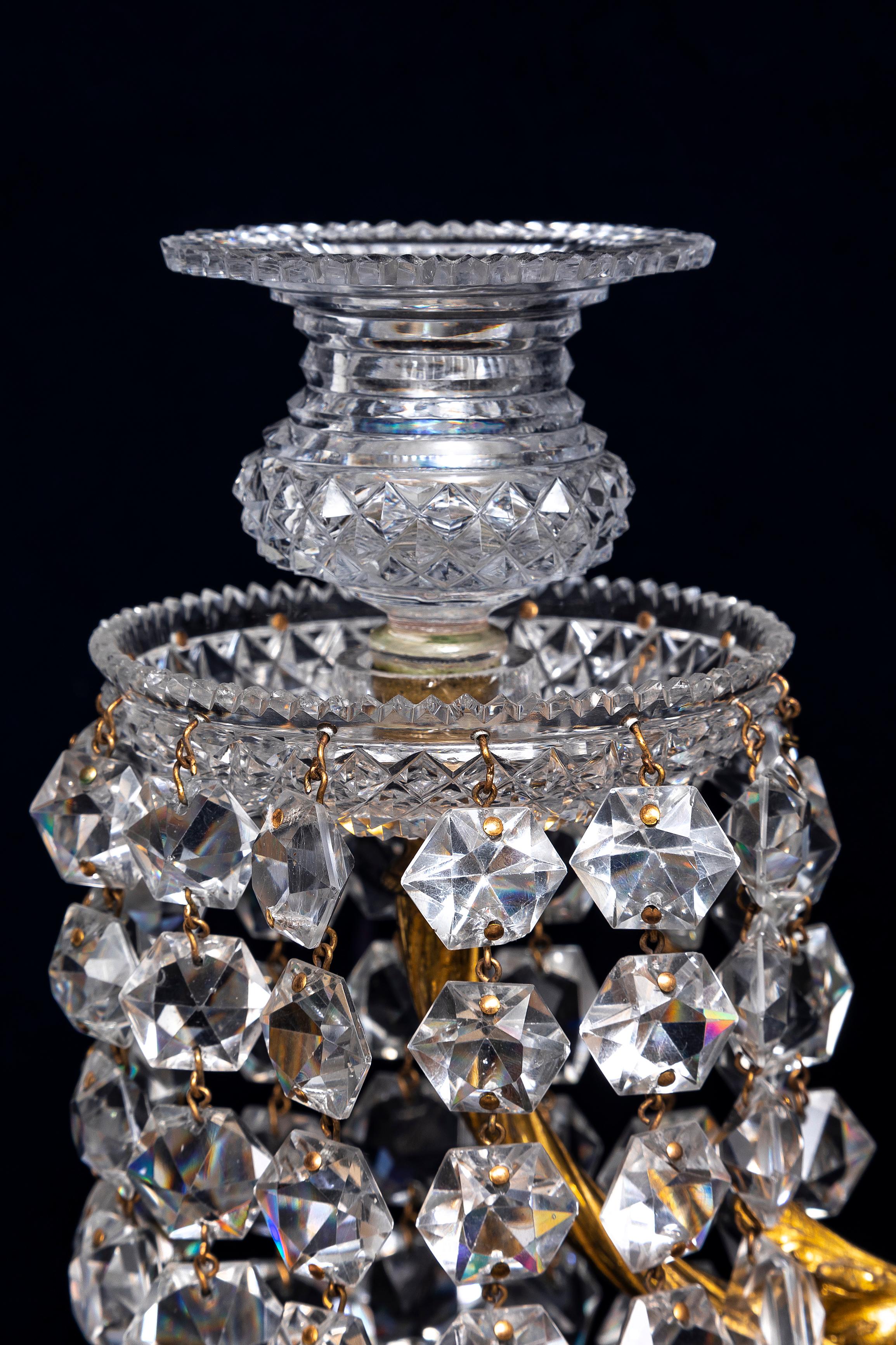Hand-Carved Pr. 19th C. English Ormolu Mounted Hand-Diamond Cut Crystal Two-Arm Candelabra For Sale