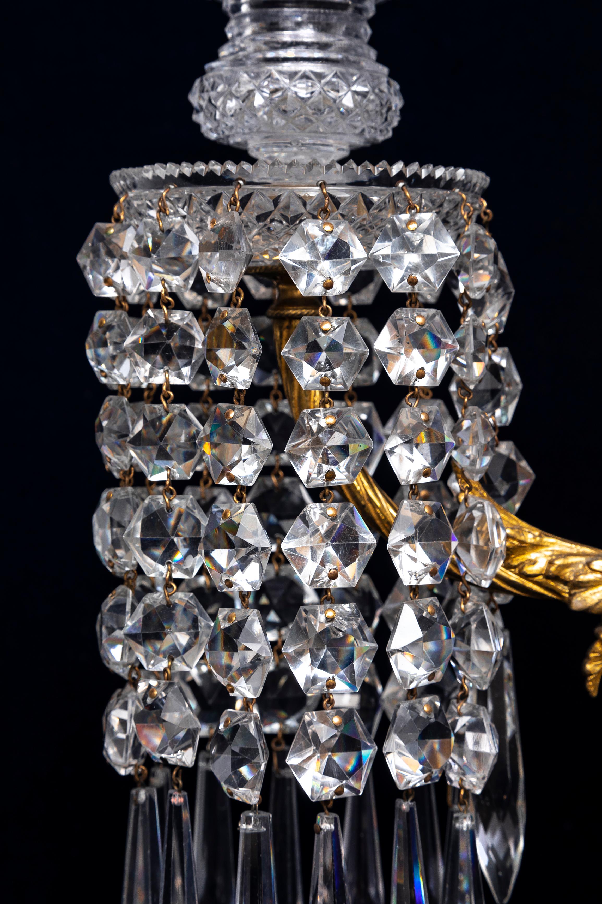 Pr. 19th C. English Ormolu Mounted Hand-Diamond Cut Crystal Two-Arm Candelabra In Good Condition For Sale In New York, NY