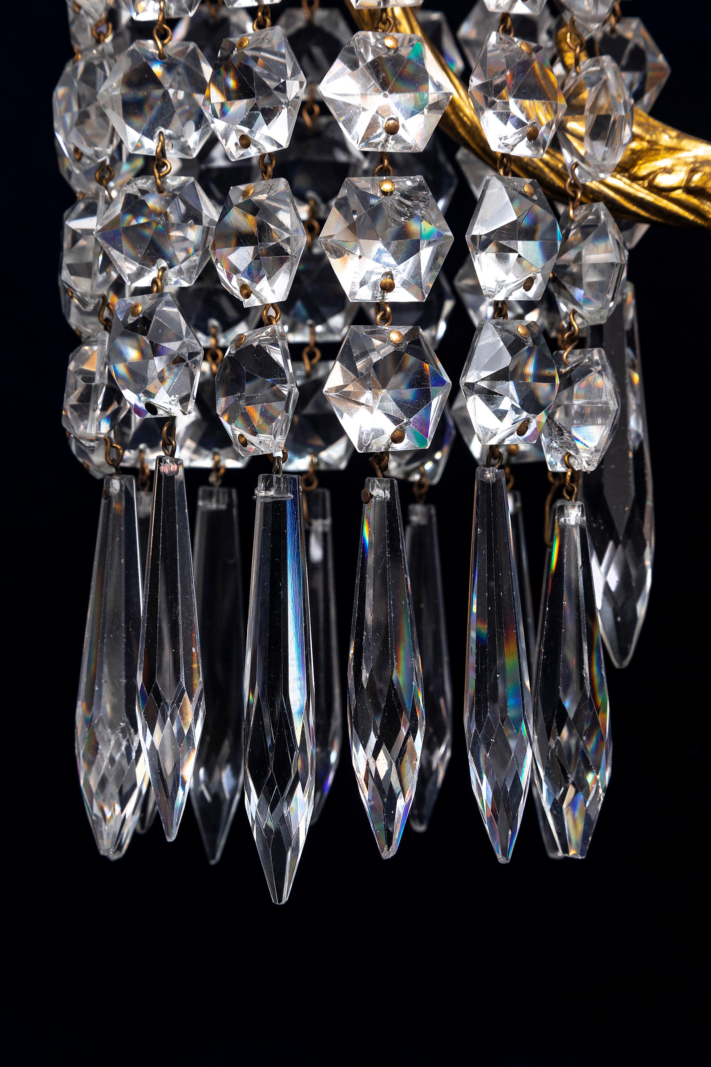 Early 19th Century Pr. 19th C. English Ormolu Mounted Hand-Diamond Cut Crystal Two-Arm Candelabra For Sale