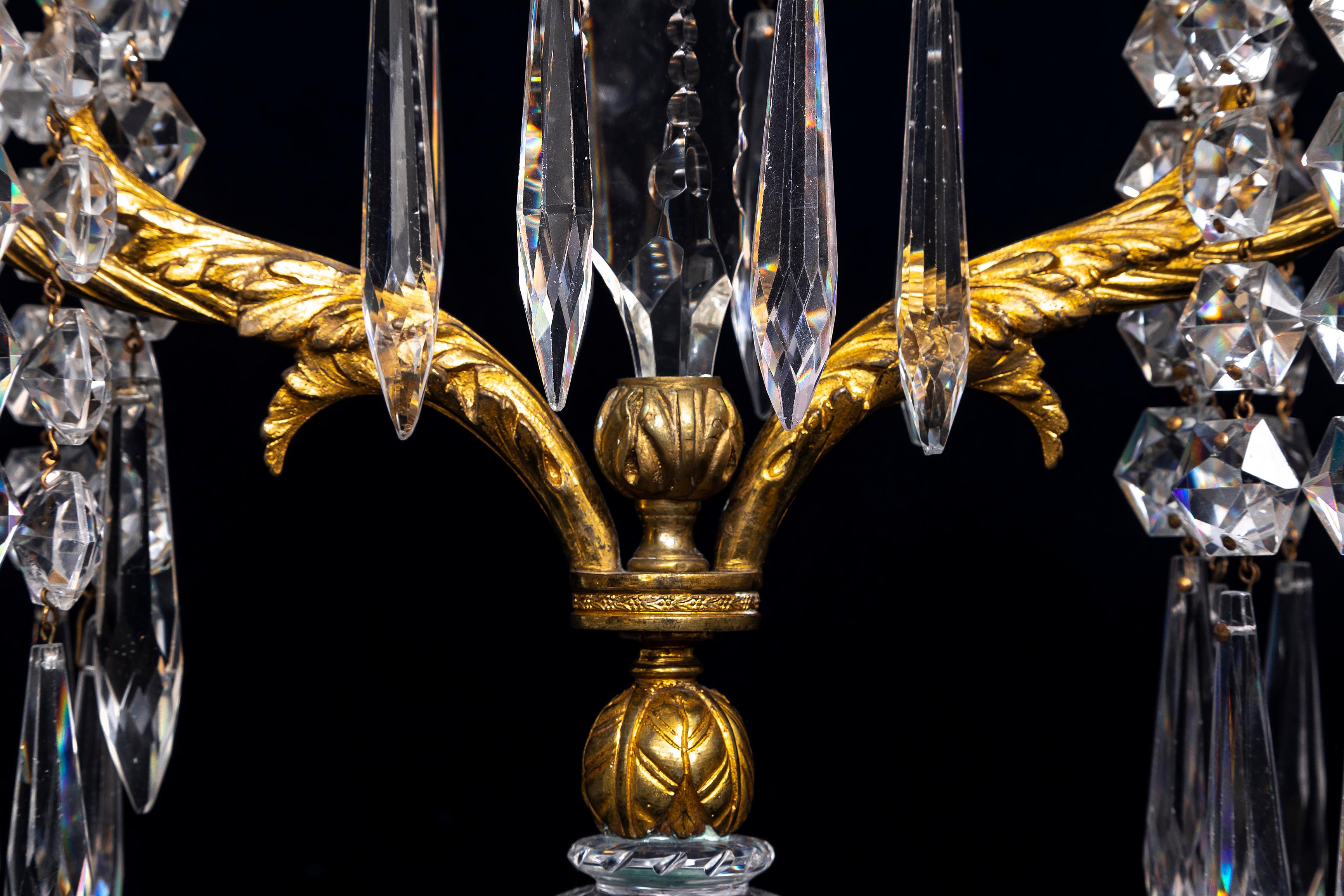 Pr. 19th C. English Ormolu Mounted Hand-Diamond Cut Crystal Two-Arm Candelabra For Sale 1