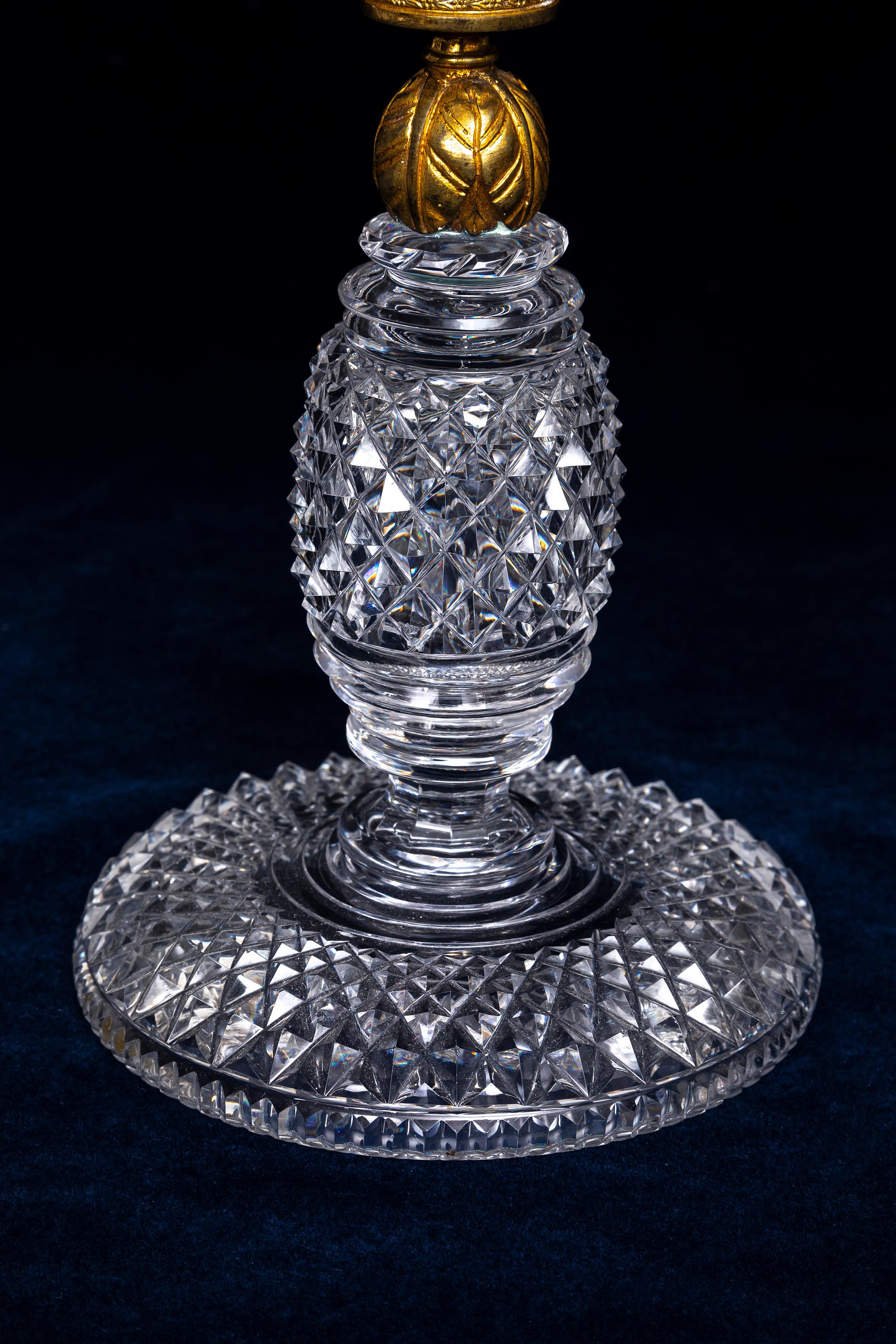 Pr. 19th C. English Ormolu Mounted Hand-Diamond Cut Crystal Two-Arm Candelabra For Sale 2