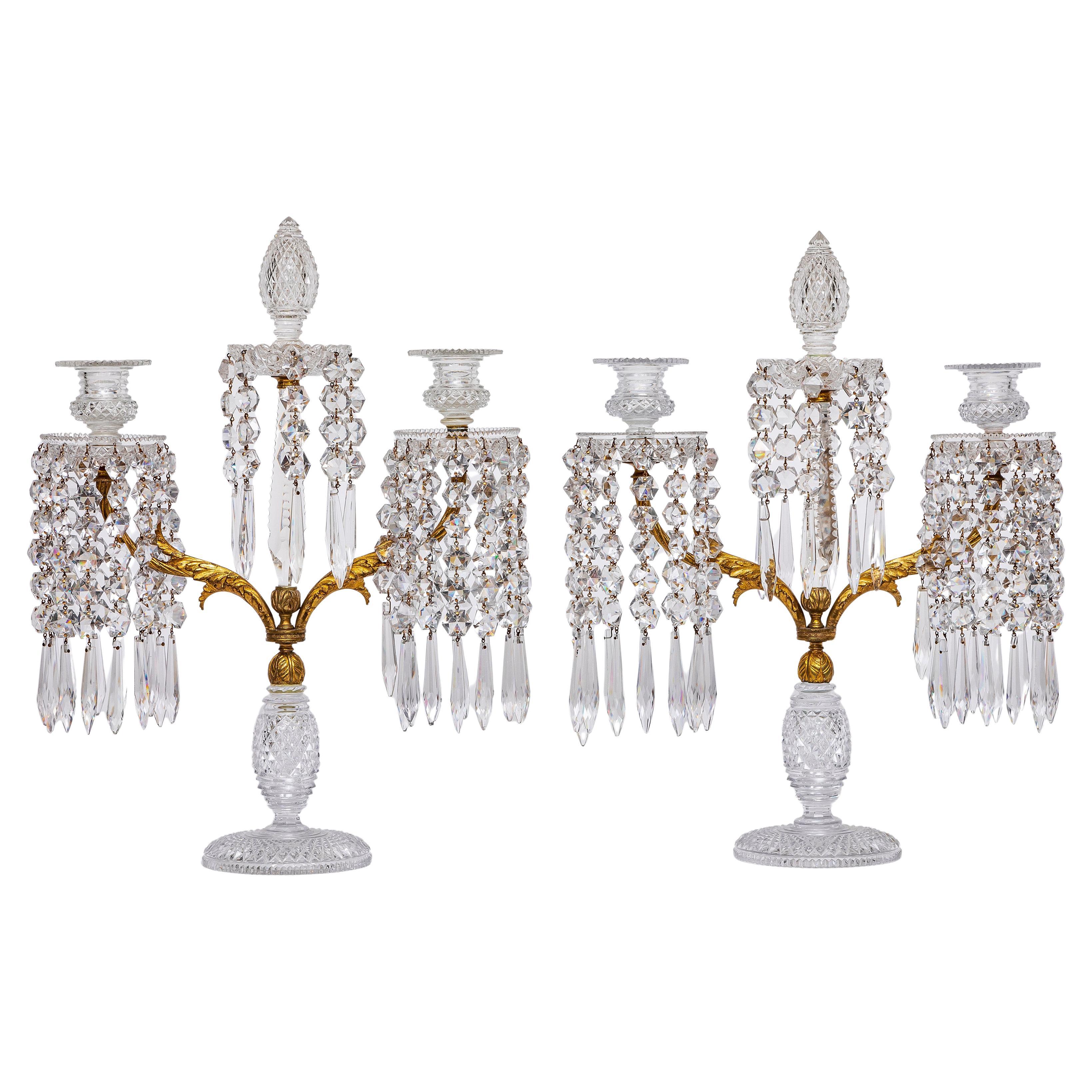 Pr. 19th C. English Ormolu Mounted Hand-Diamond Cut Crystal Two-Arm Candelabra For Sale