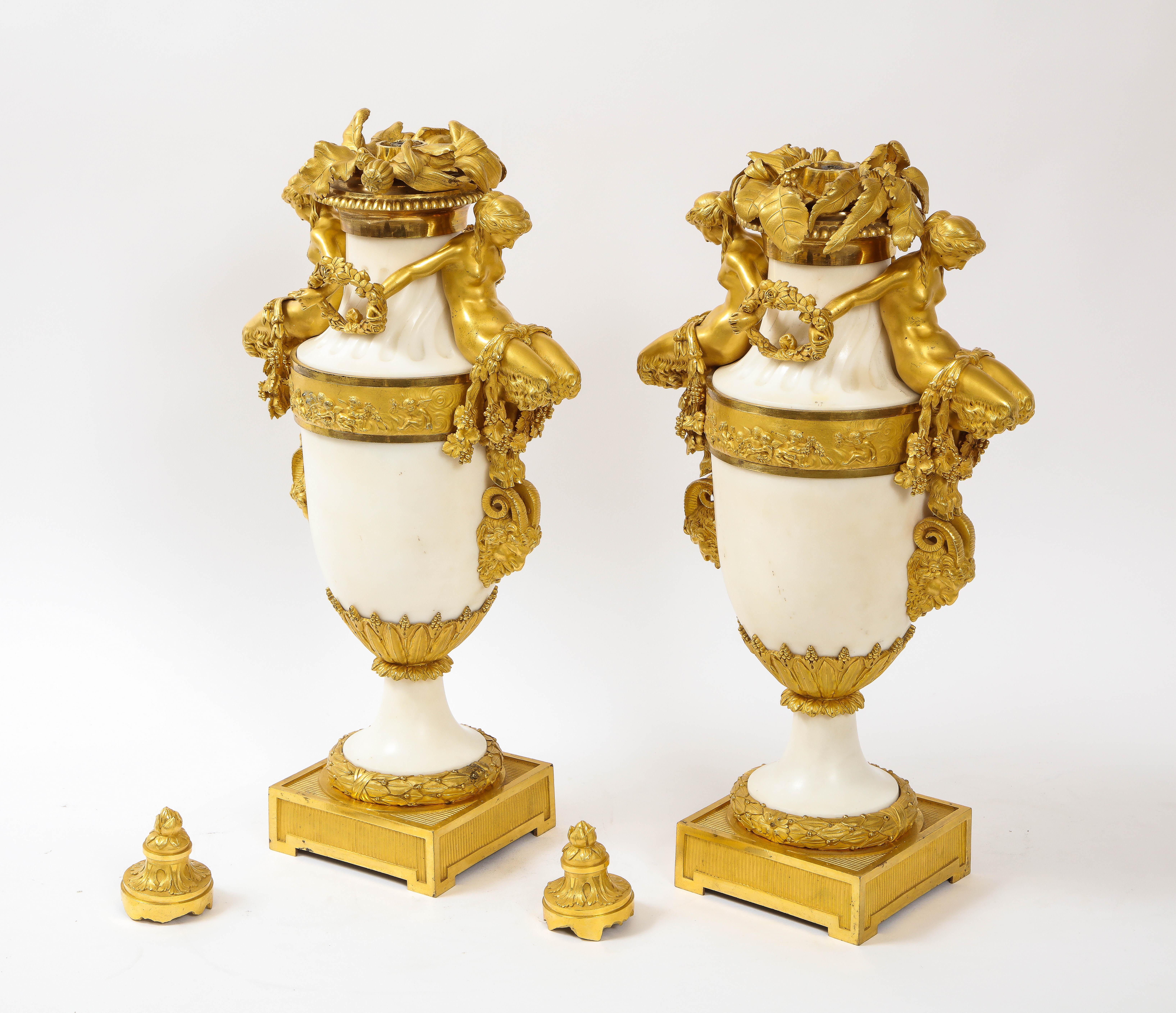 Pr. 19th C. French Dore Bronze Mntd Carrara Marble Covered Urns, Att. H. Dasson In Good Condition In New York, NY