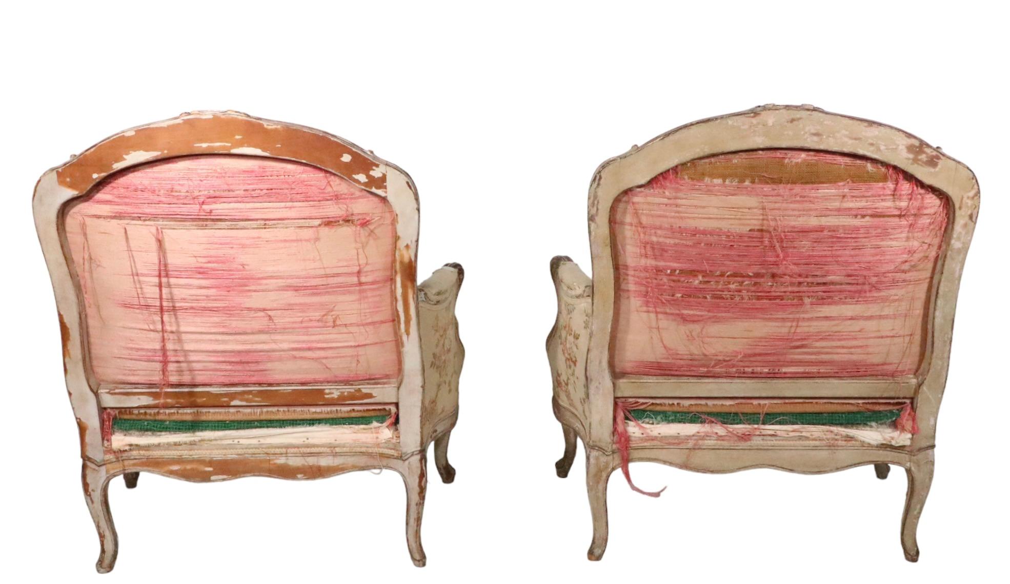 Pair 19th C French Louis V Style Bergere Lounge Chairs with Hand Carved Frames For Sale 4