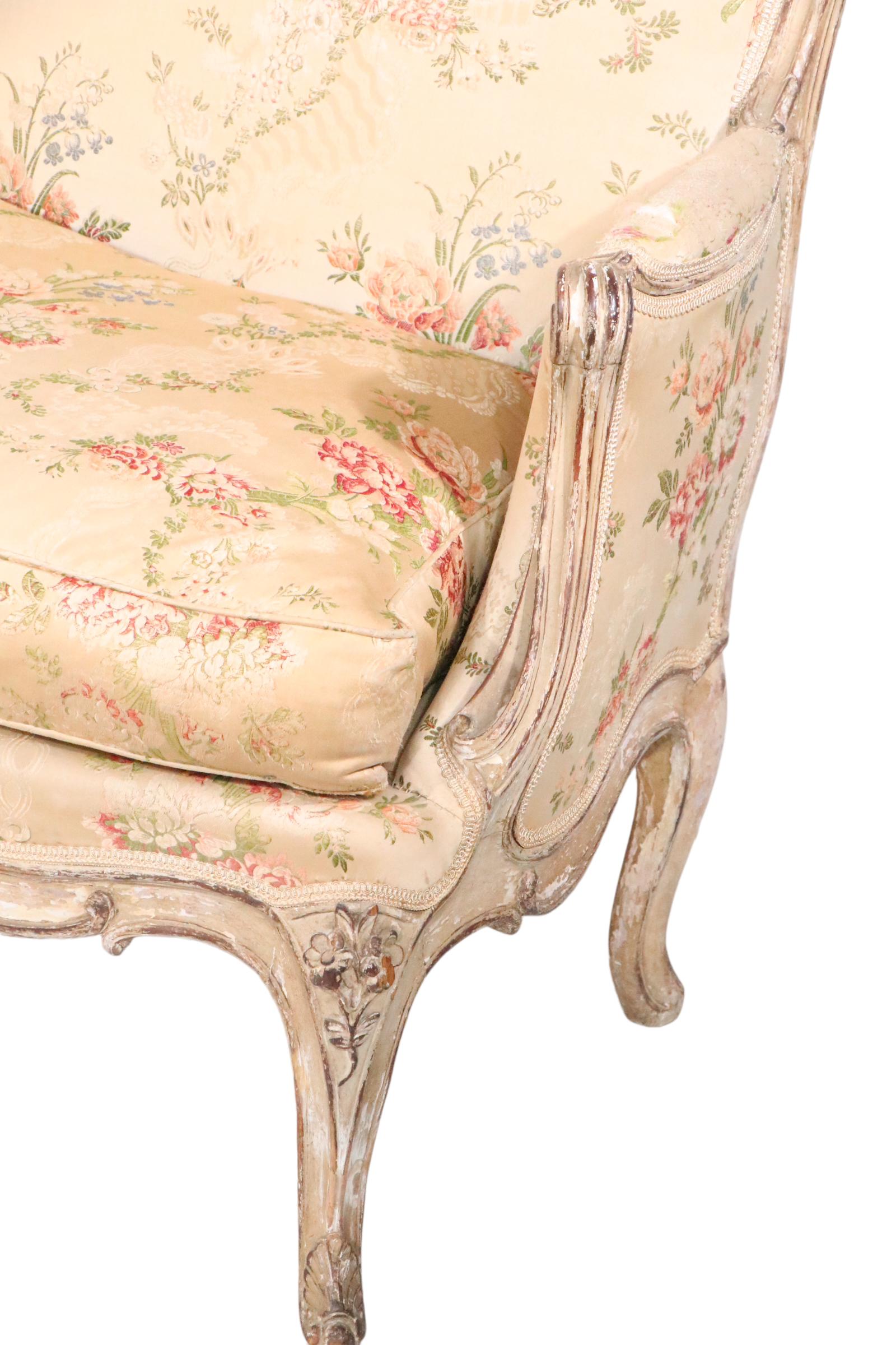 Pair 19th C French Louis V Style Bergere Lounge Chairs with Hand Carved Frames For Sale 5