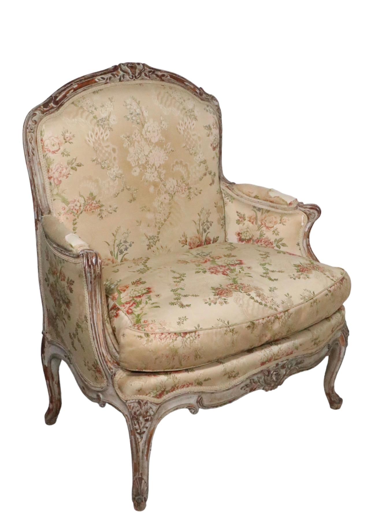 Pair 19th C French Louis V Style Bergere Lounge Chairs with Hand Carved Frames For Sale 6