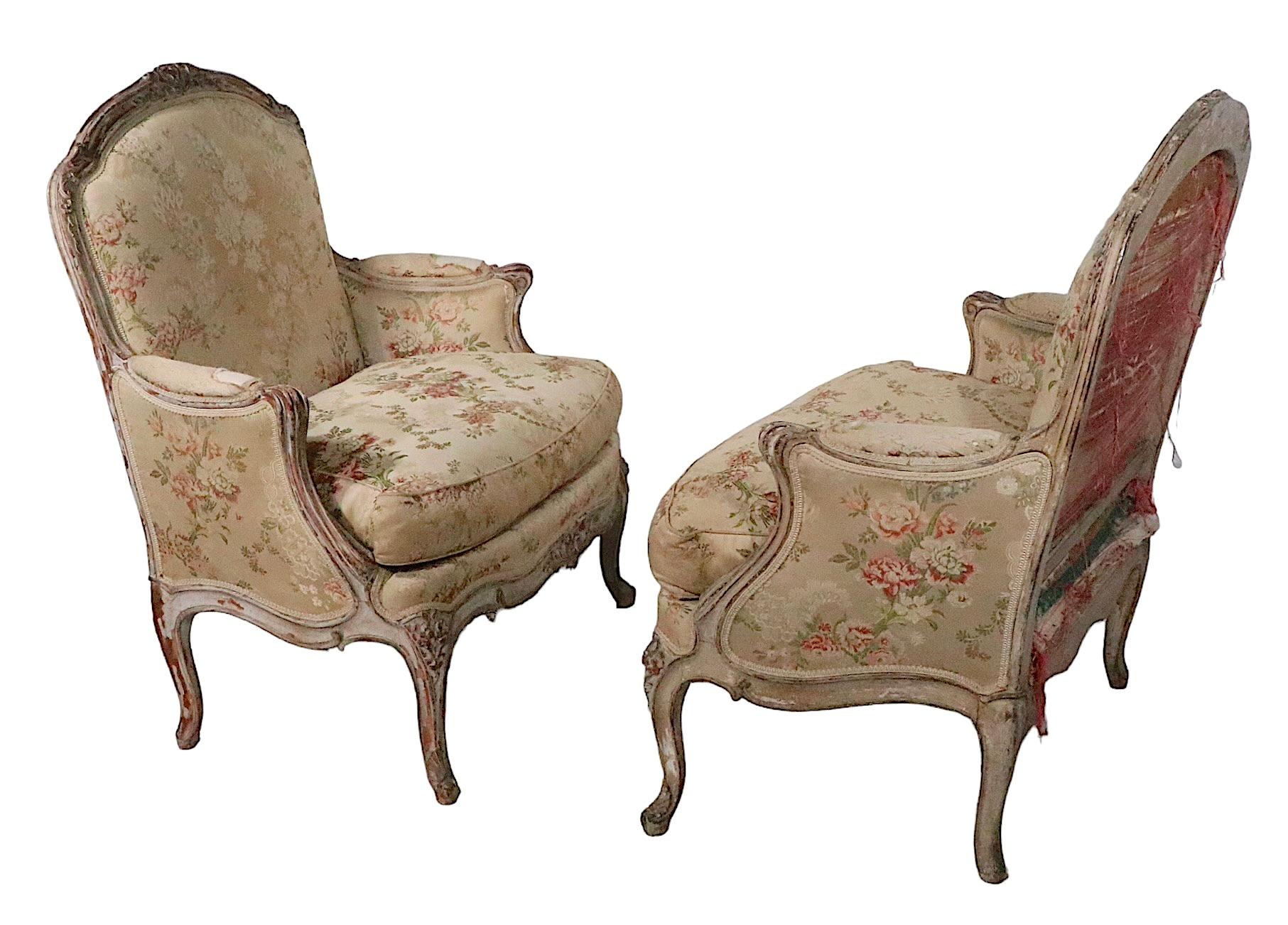Pair 19th C French Louis V Style Bergere Lounge Chairs with Hand Carved Frames For Sale 7