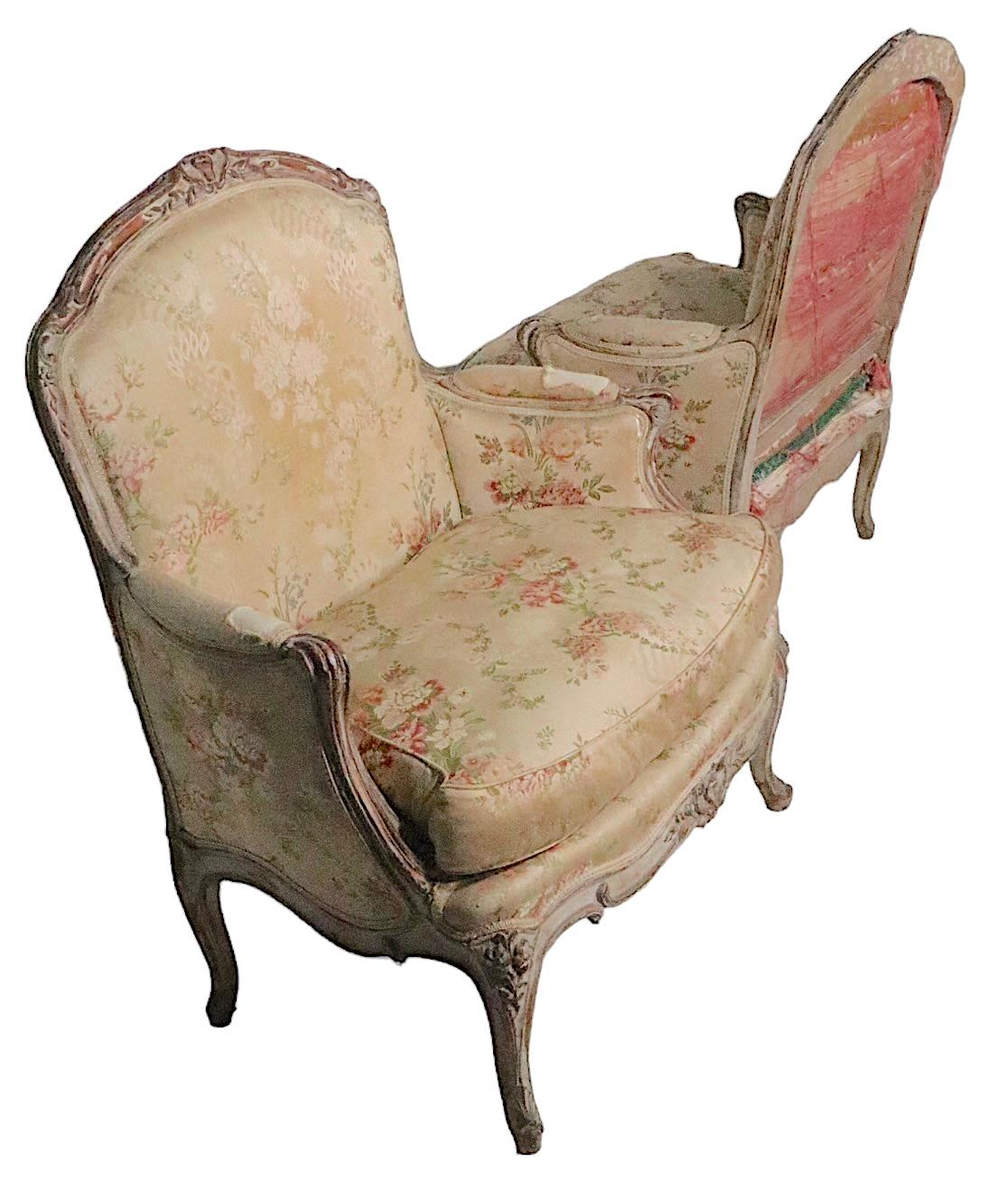 Pair 19th C French Louis V Style Bergere Lounge Chairs with Hand Carved Frames For Sale 8