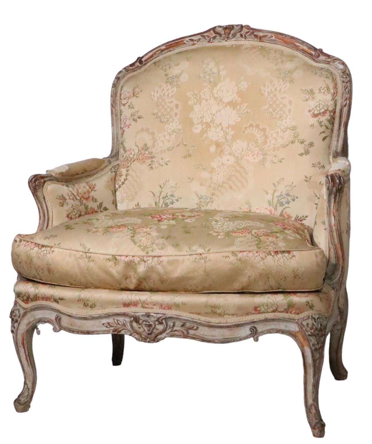 Pair 19th C French Louis V Style Bergere Lounge Chairs with Hand Carved Frames For Sale 10