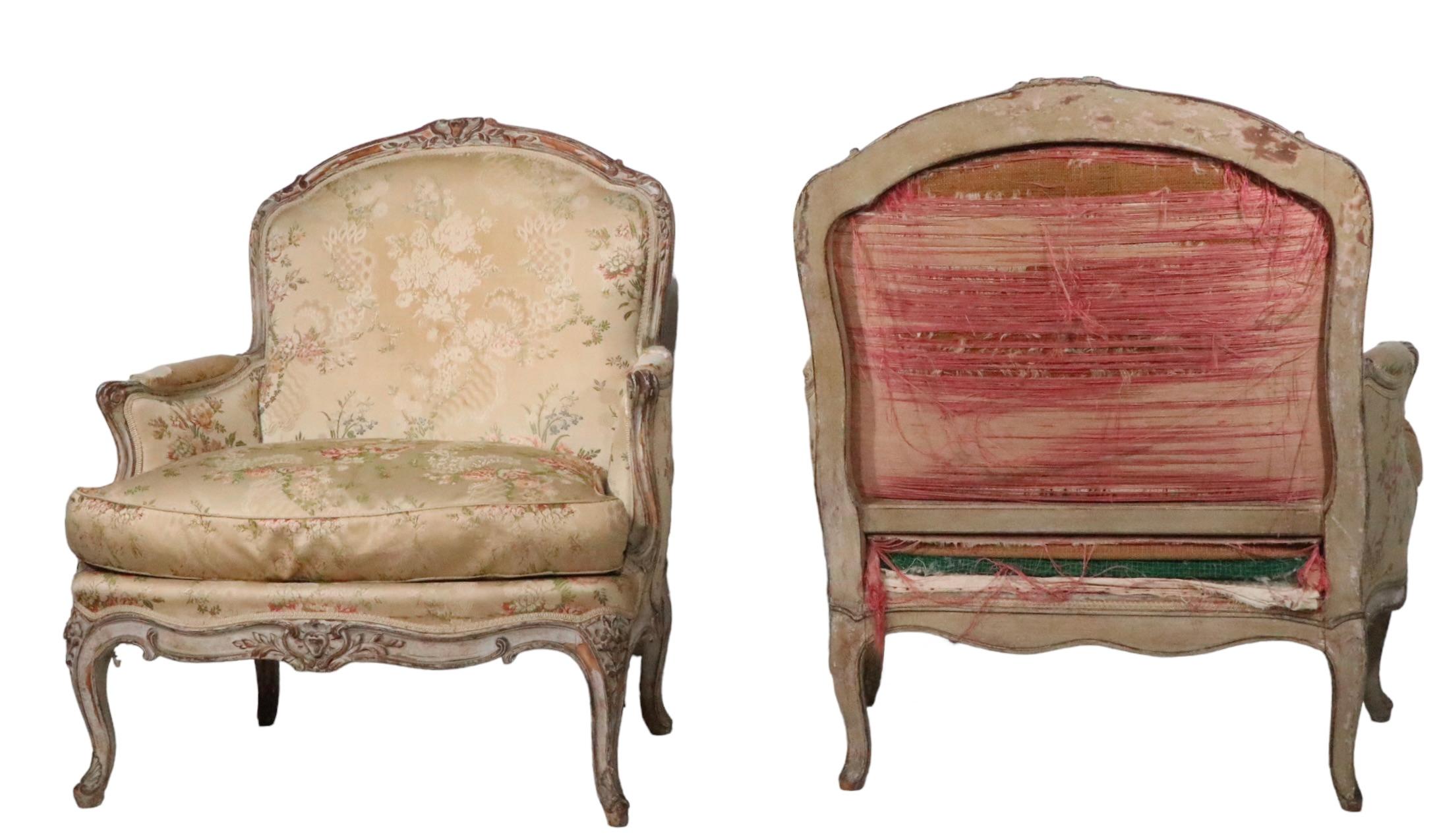 Pair 19th C French Louis V Style Bergere Lounge Chairs with Hand Carved Frames For Sale 12