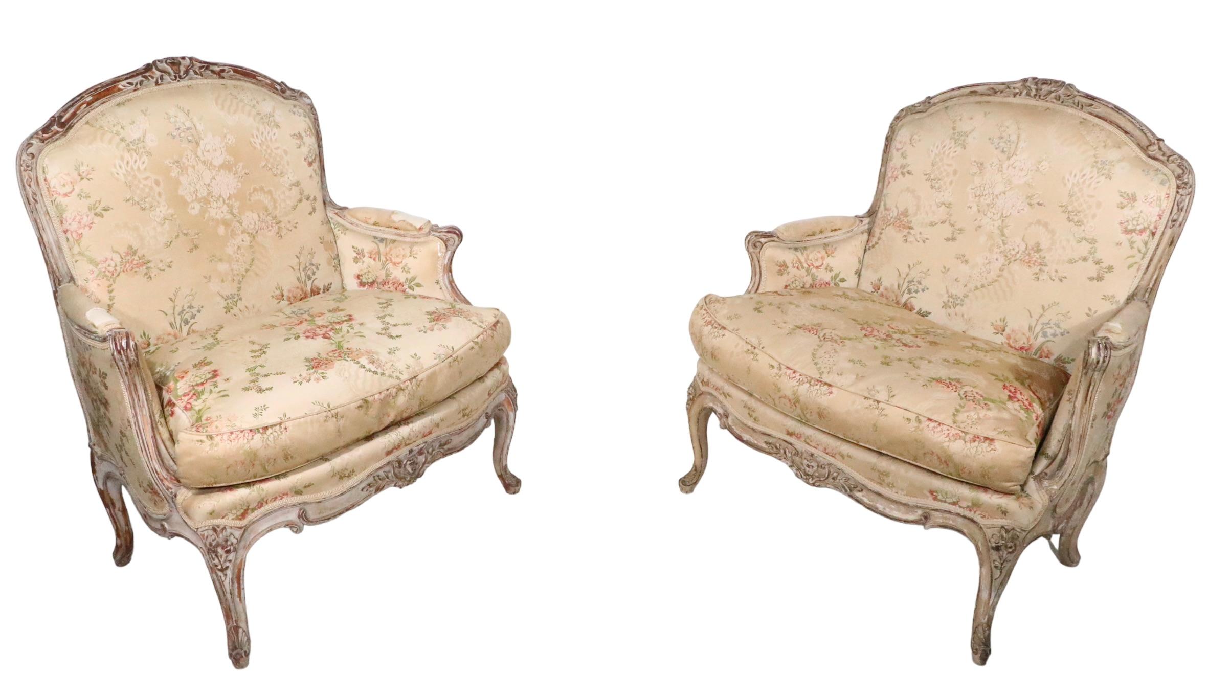 Louis XV Pair 19th C French Louis V Style Bergere Lounge Chairs with Hand Carved Frames For Sale
