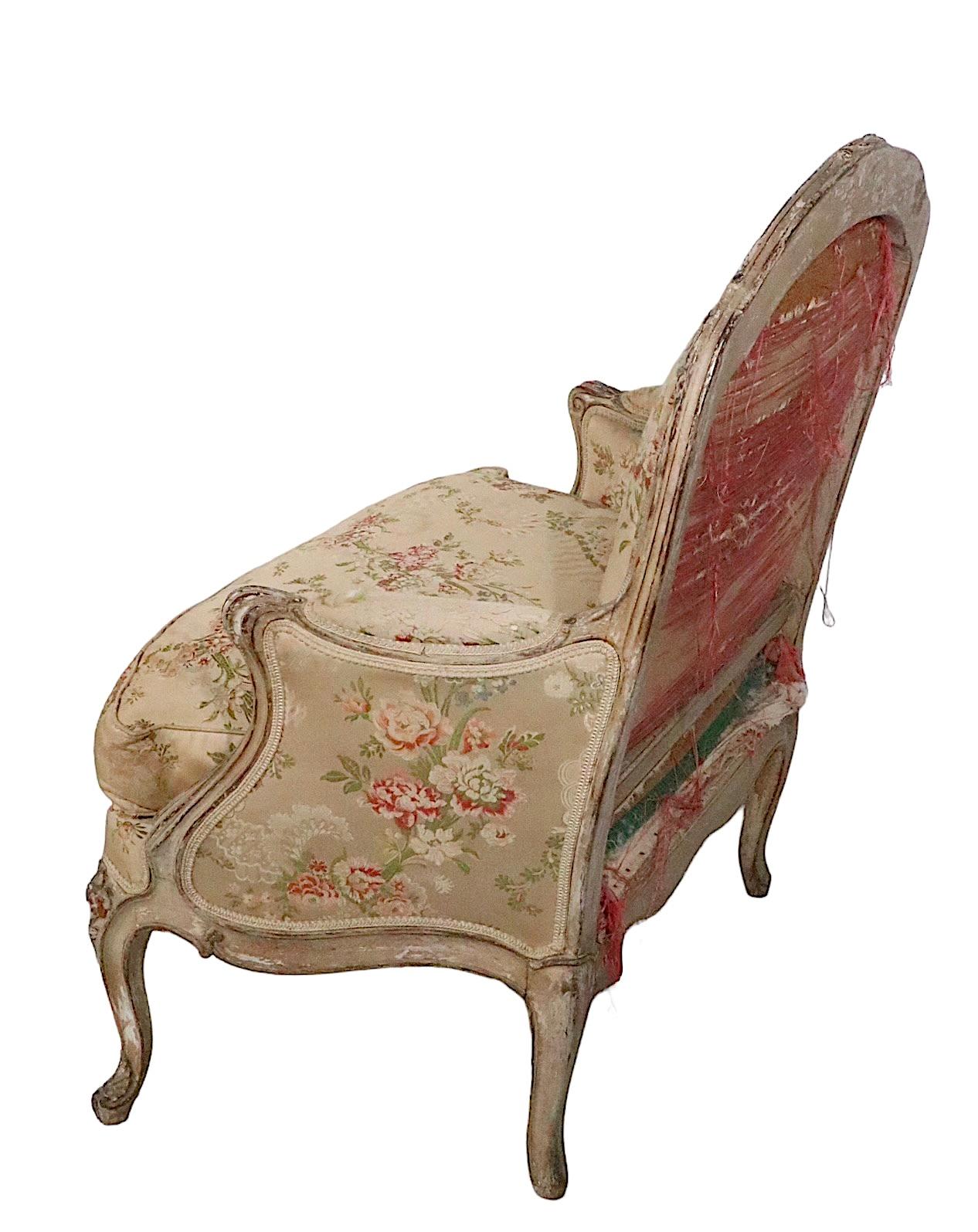 Hand-Carved Pair 19th C French Louis V Style Bergere Lounge Chairs with Hand Carved Frames For Sale