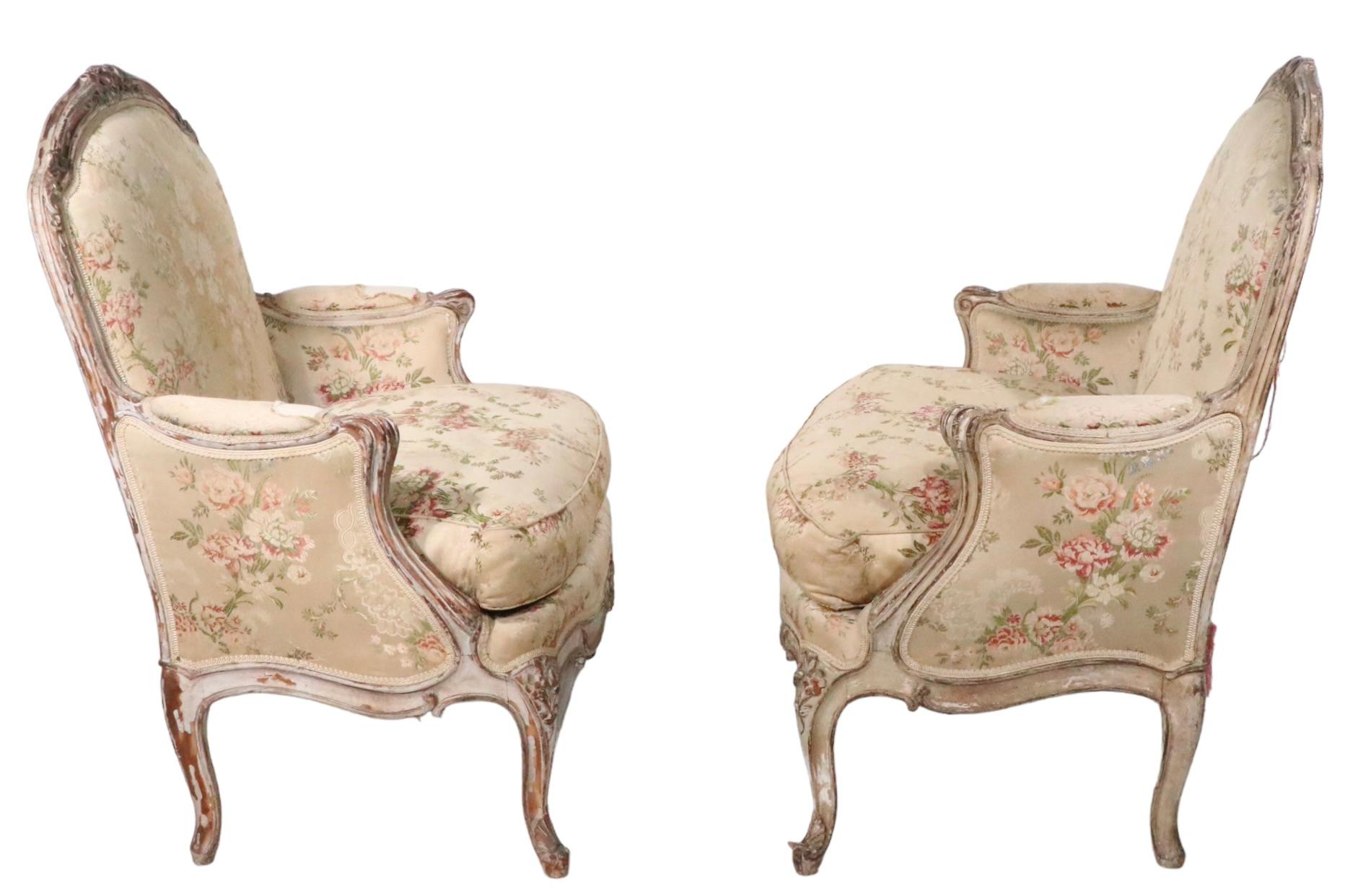 Pair 19th C French Louis V Style Bergere Lounge Chairs with Hand Carved Frames In Fair Condition For Sale In New York, NY